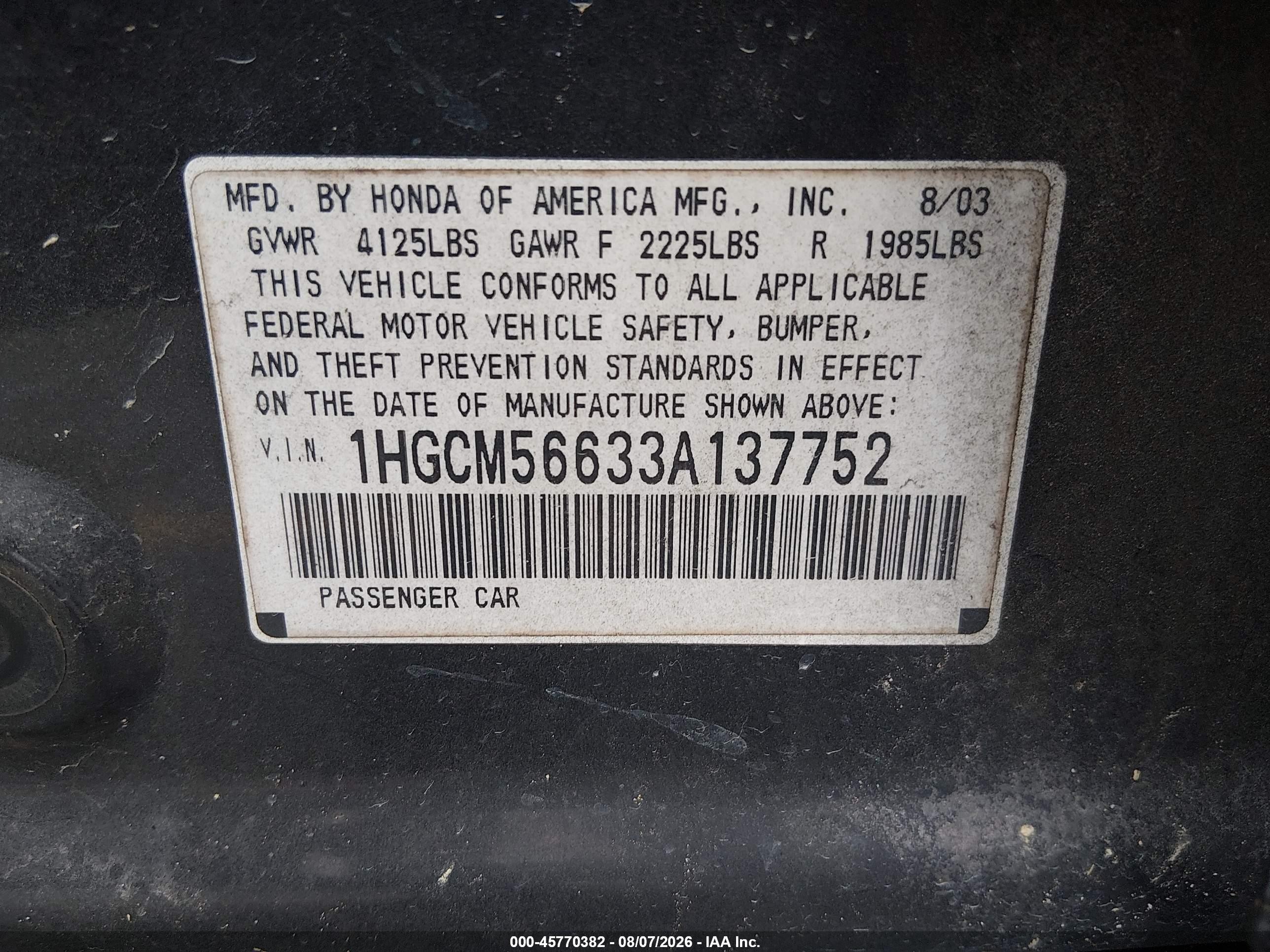 2003 Honda Accord 2.4 Ex Black vin: 1HGCM56633A137752