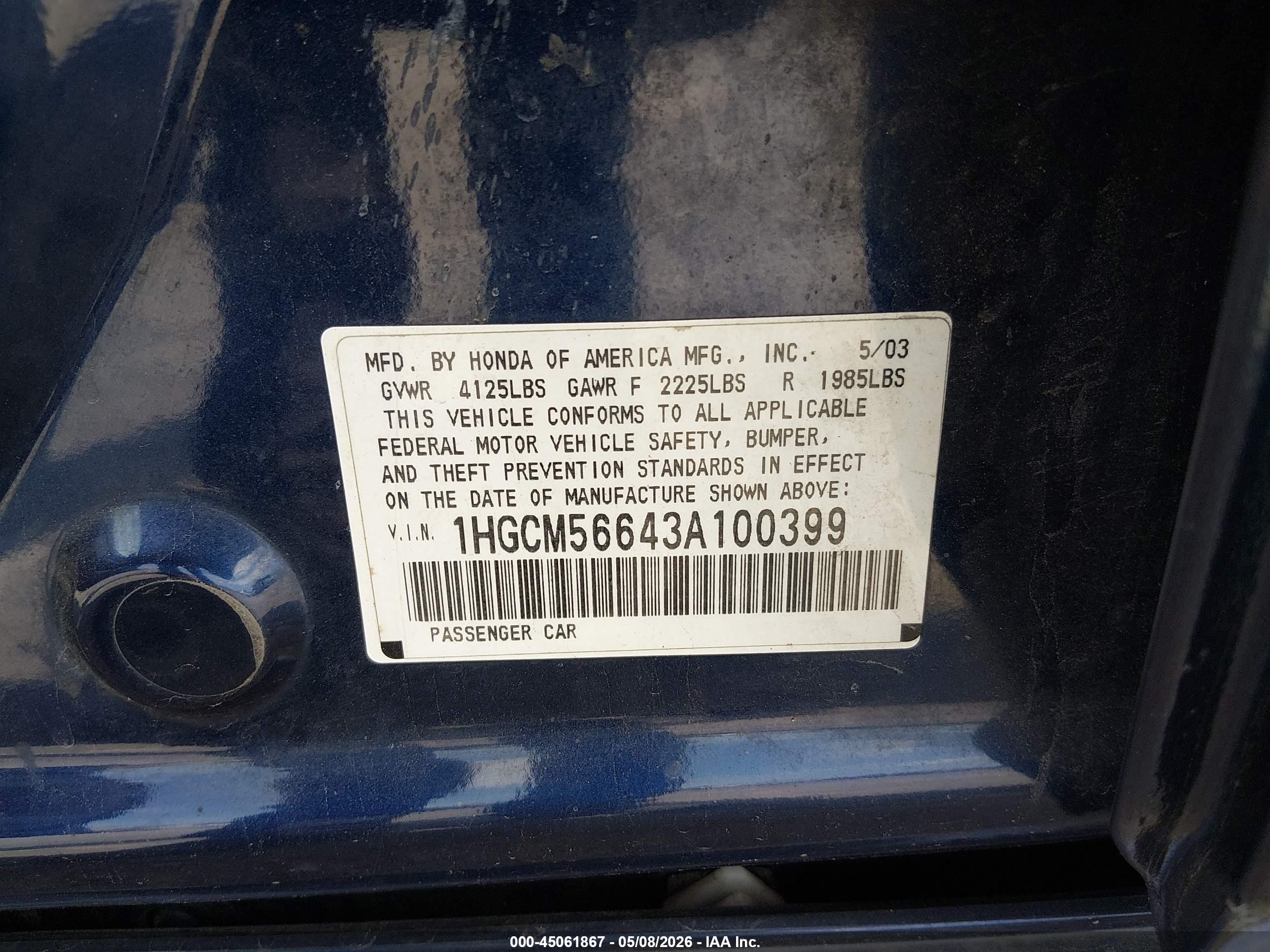 2003 Honda Accord 2.4 Ex Blue vin: 1HGCM56643A100399