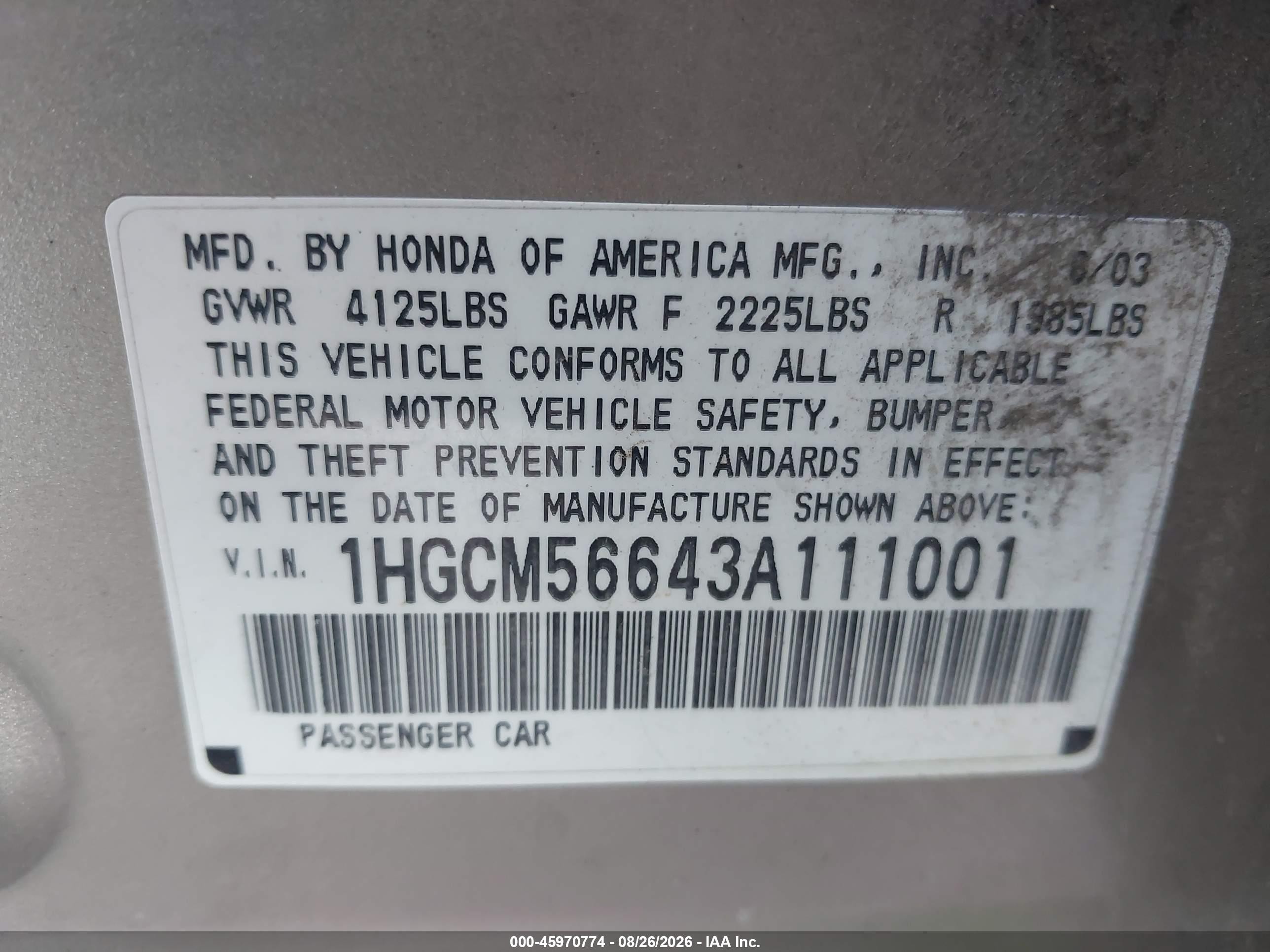 2003 Honda Accord 2.4 Ex Бежевый vin: 1HGCM56643A111001