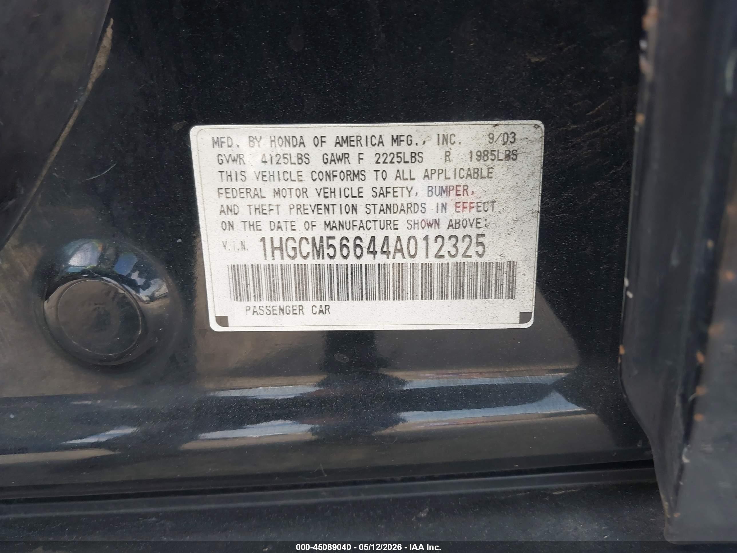 2004 Honda Accord 2.4 Ex Black vin: 1HGCM56644A012325