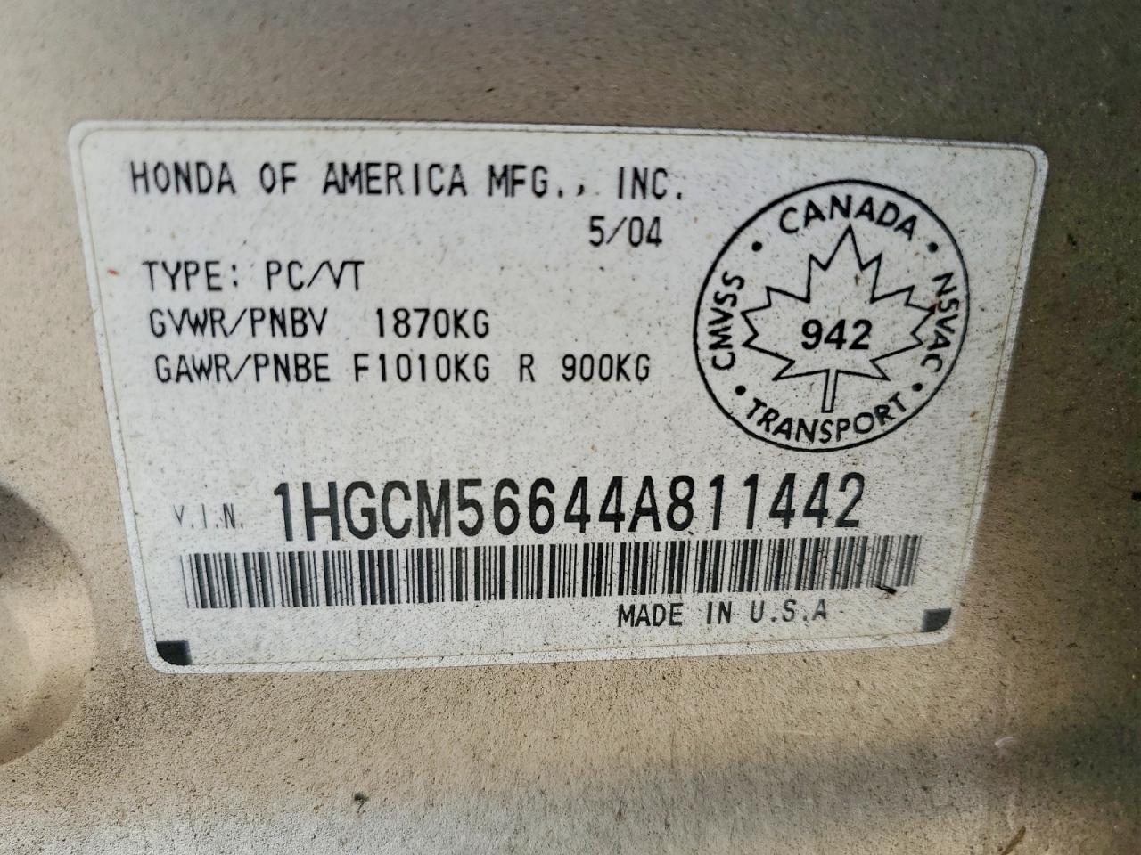 2004 Honda Accord Ex Gold vin: 1HGCM56644A811442