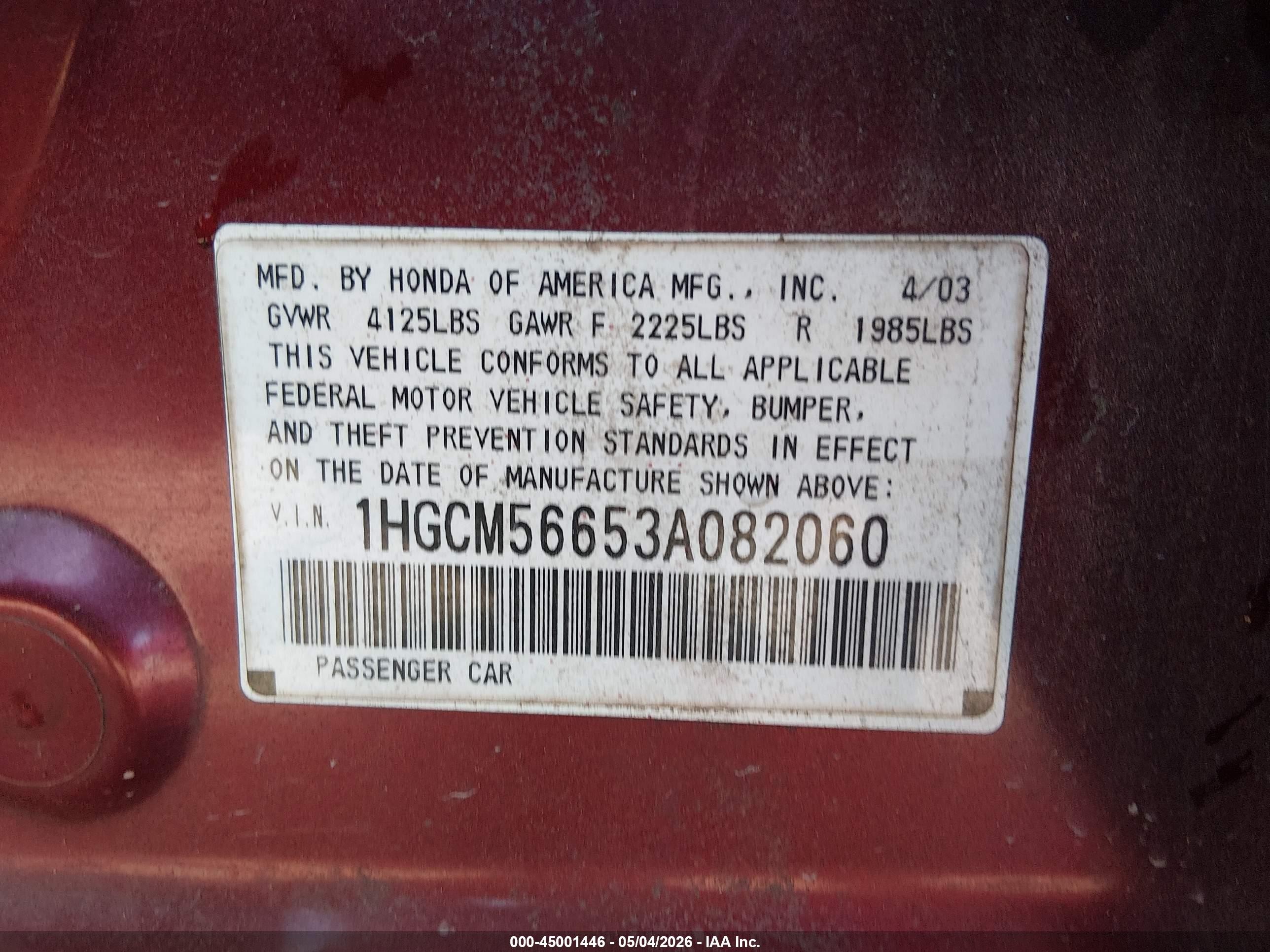 2003 Honda Accord 2.4 Ex Бордовый vin: 1HGCM56653A082060