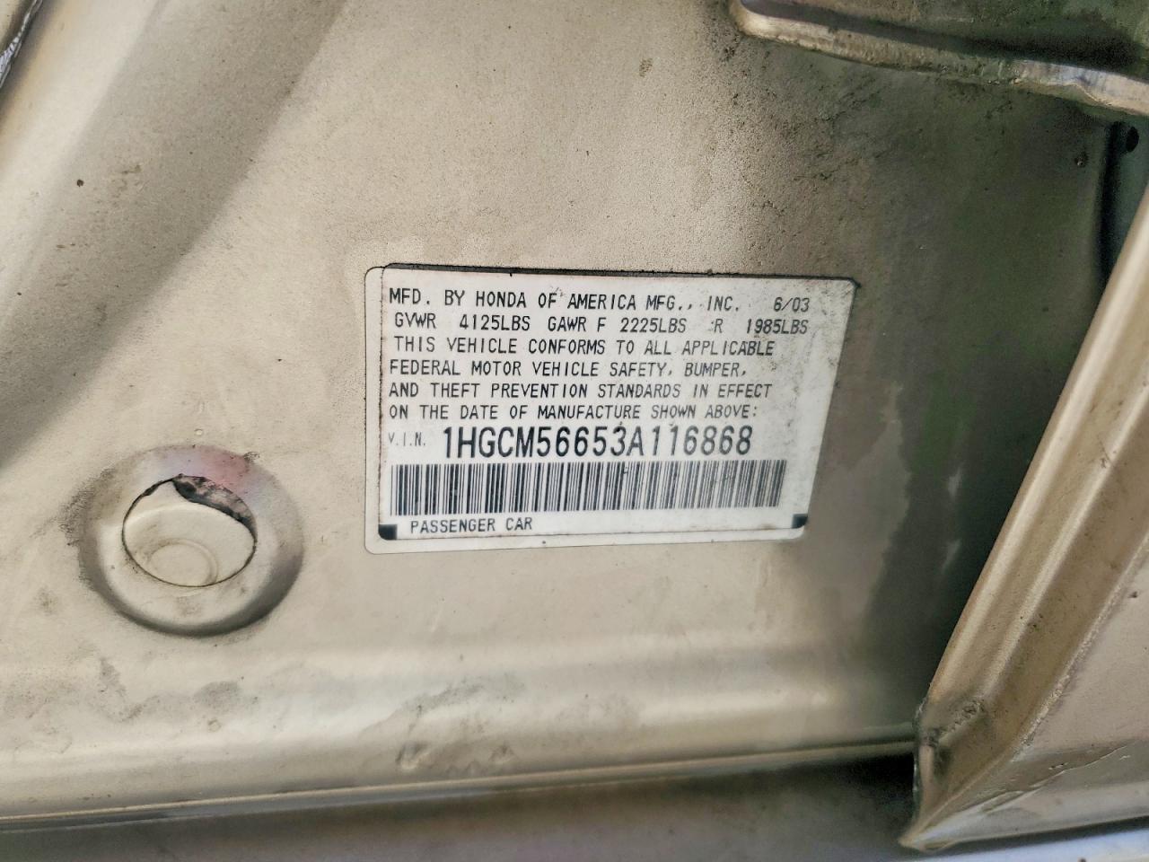 2003 Honda Accord Ex Gold vin: 1HGCM56653A116868