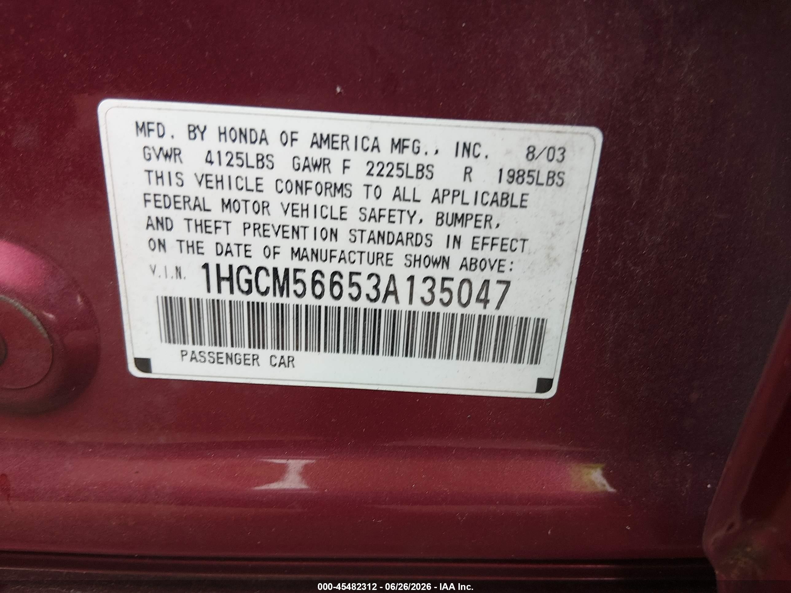 2003 Honda Accord Sdn Ex Red vin: 1HGCM56653A135047
