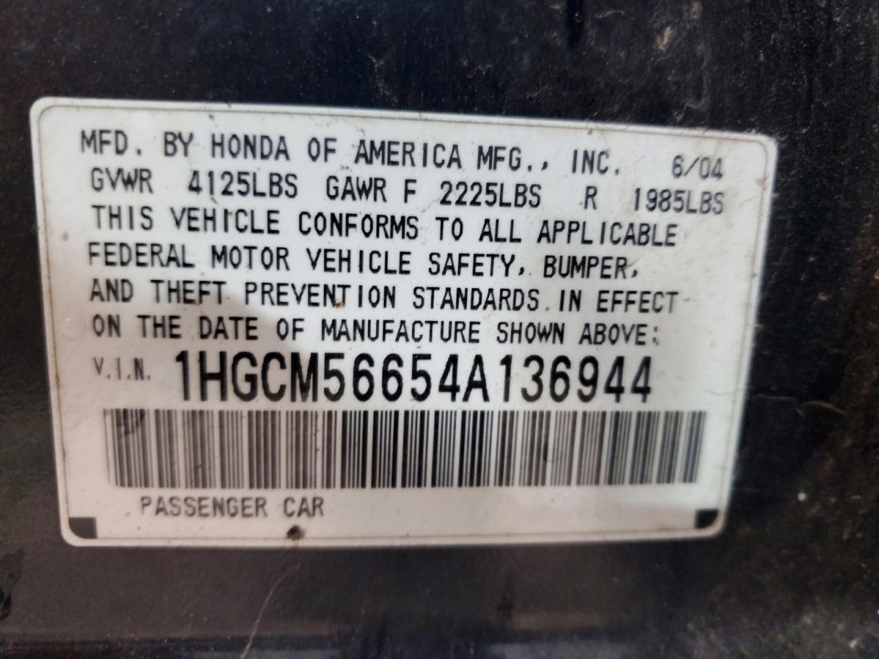 2004 Honda Accord Ex Gray vin: 1HGCM56654A136944
