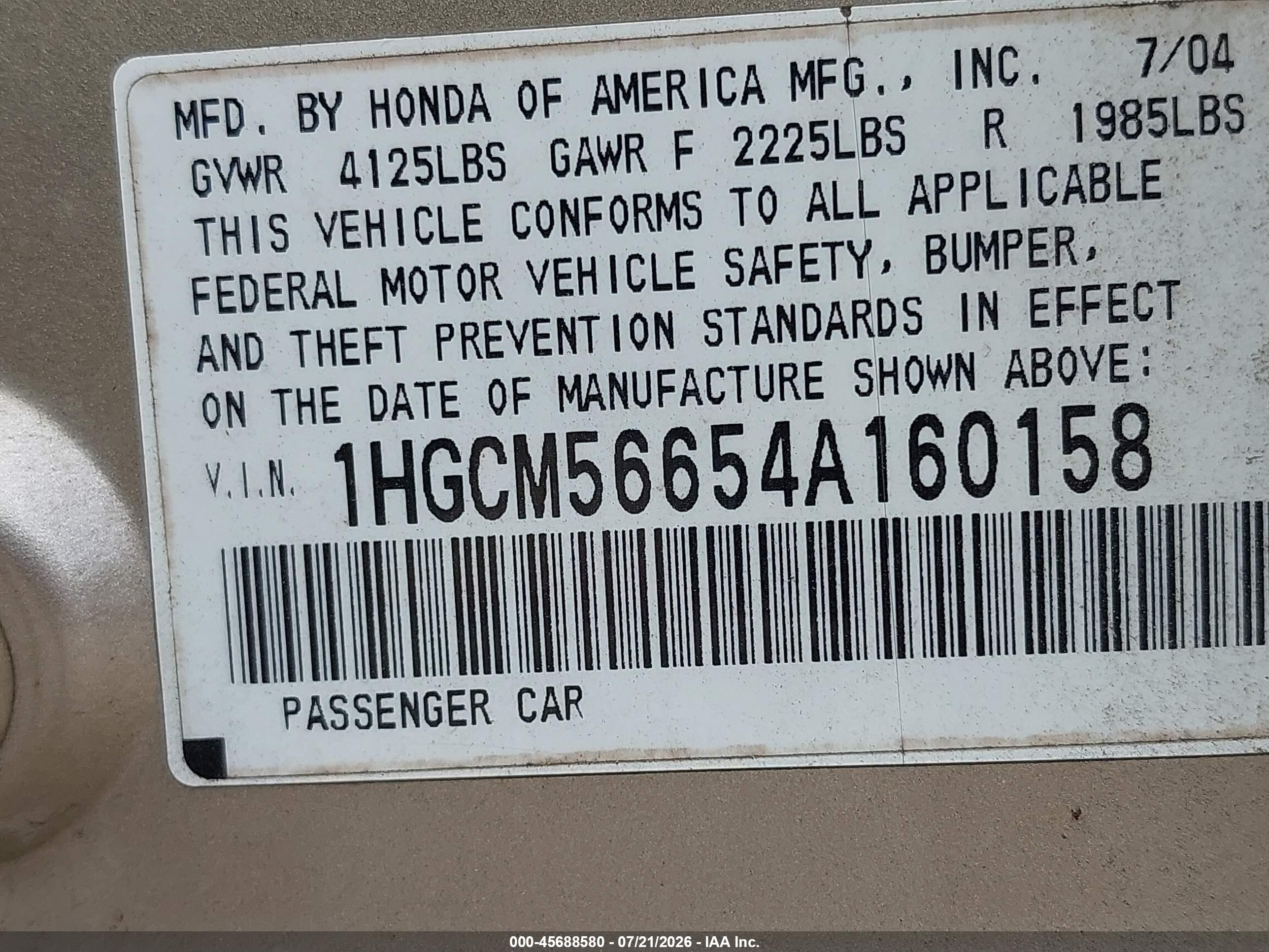 2004 Honda Accord 2.4 Ex Бежевый vin: 1HGCM56654A160158
