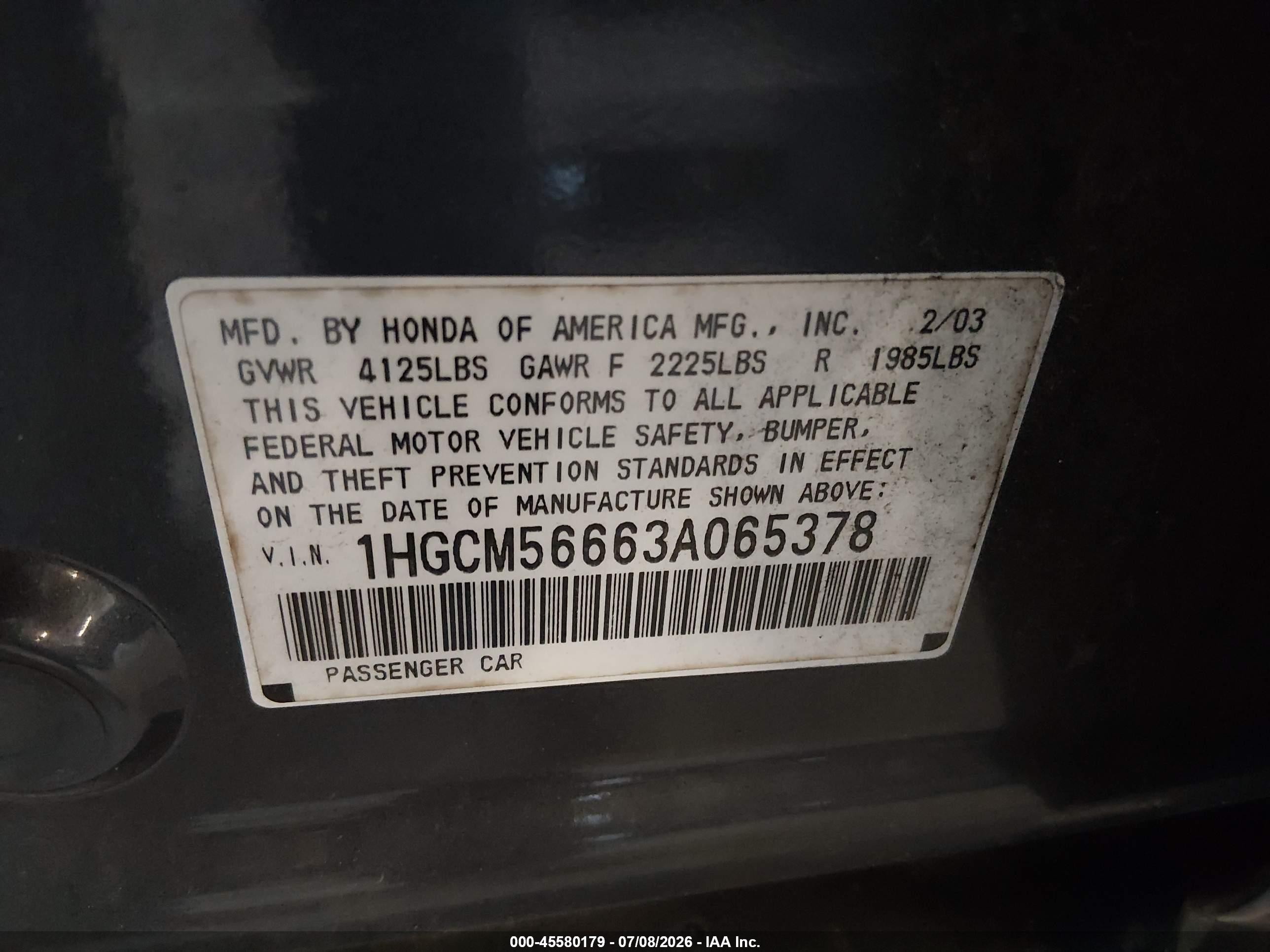 2003 Honda Accord Sdn Ex Gray vin: 1HGCM56663A065378