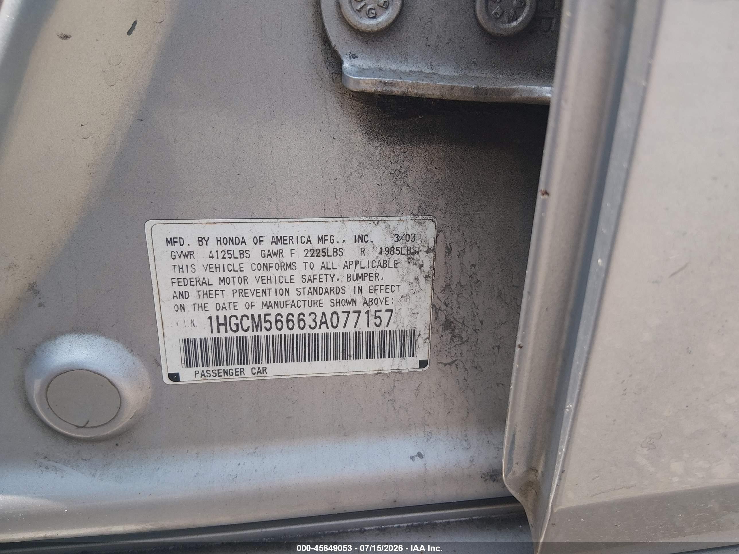 2003 Honda Accord Sdn Ex Silver vin: 1HGCM56663A077157