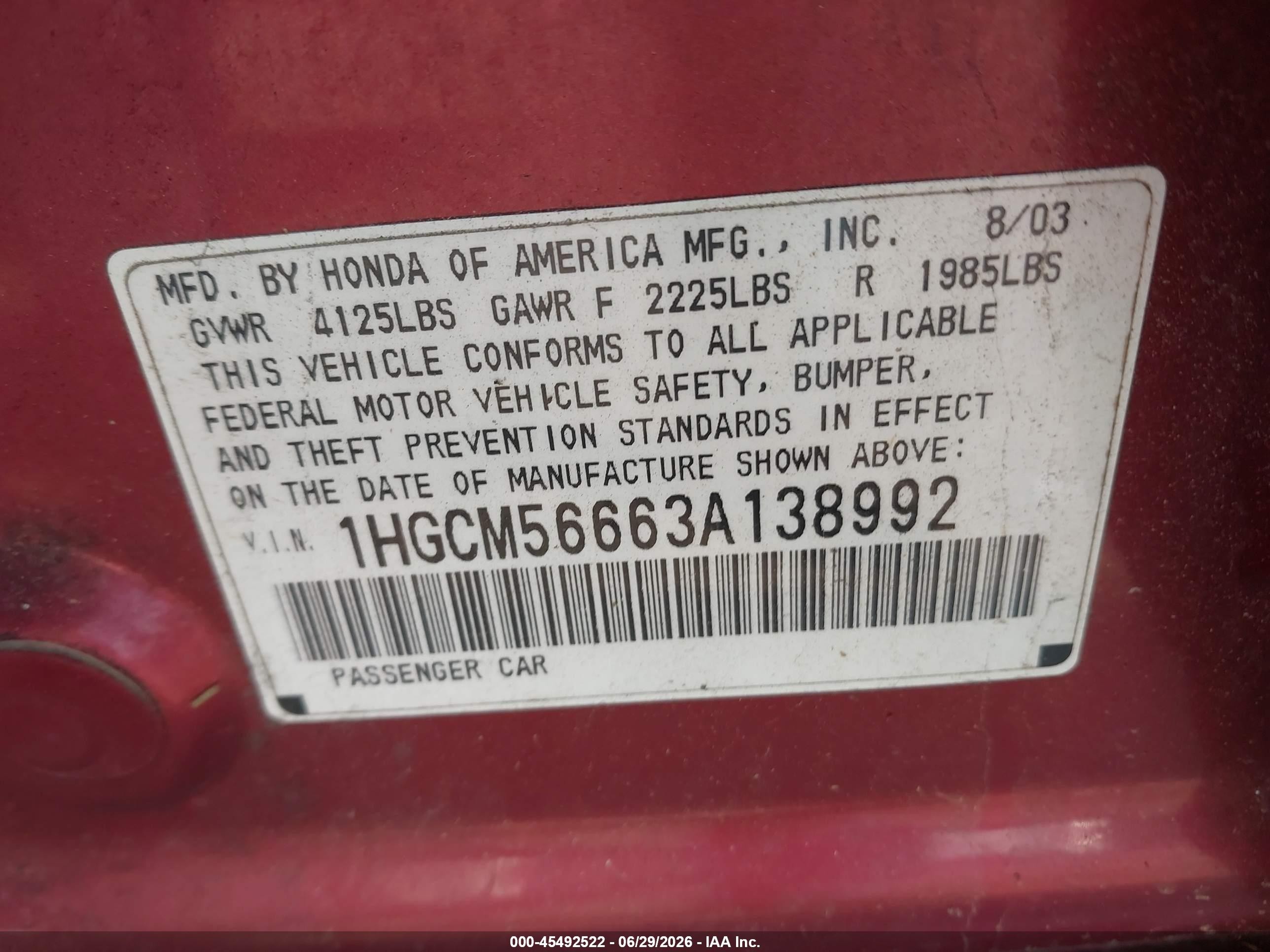 2003 Honda Accord Sdn Ex Red vin: 1HGCM56663A138992