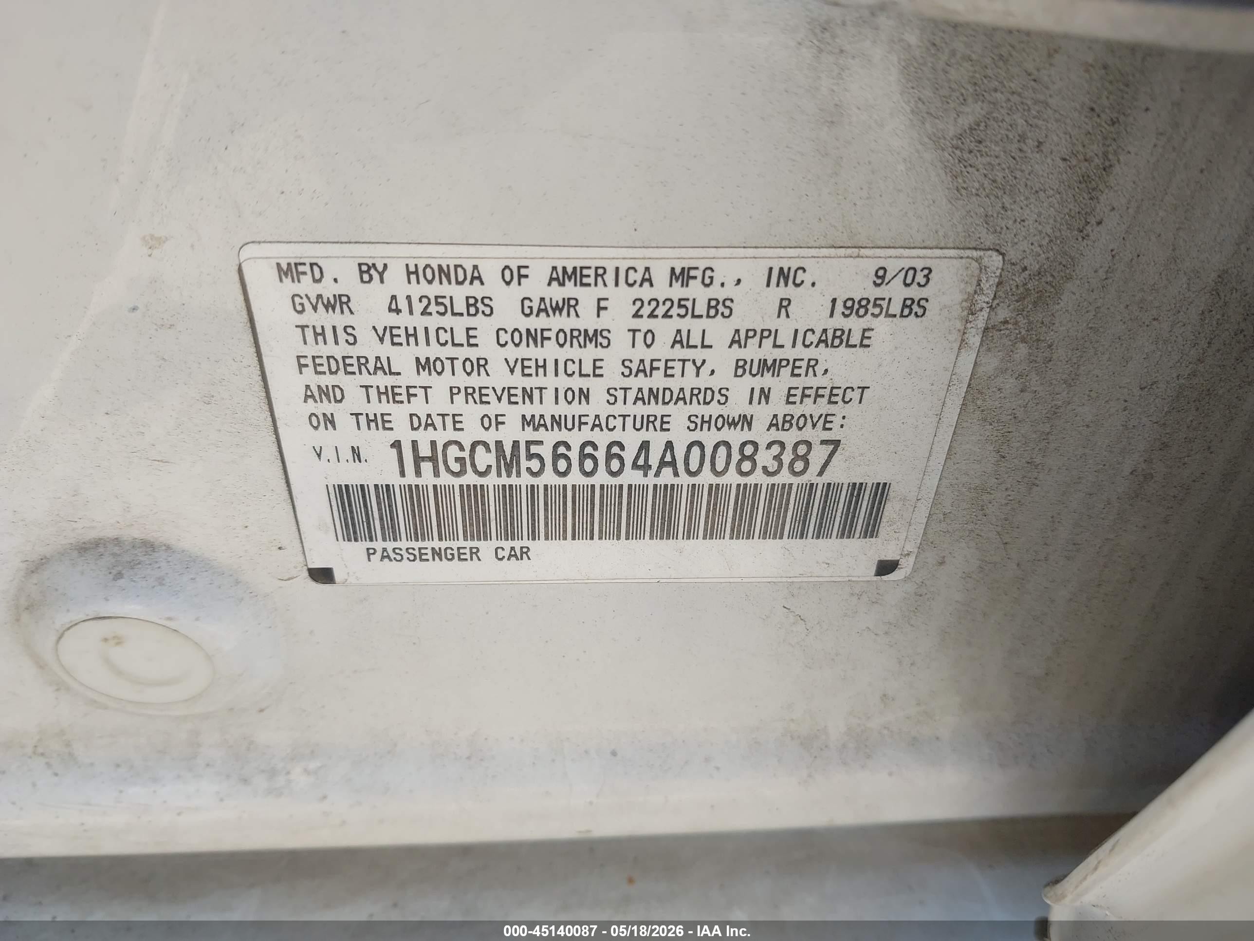 2004 Honda Accord 2.4 Ex White vin: 1HGCM56664A008387