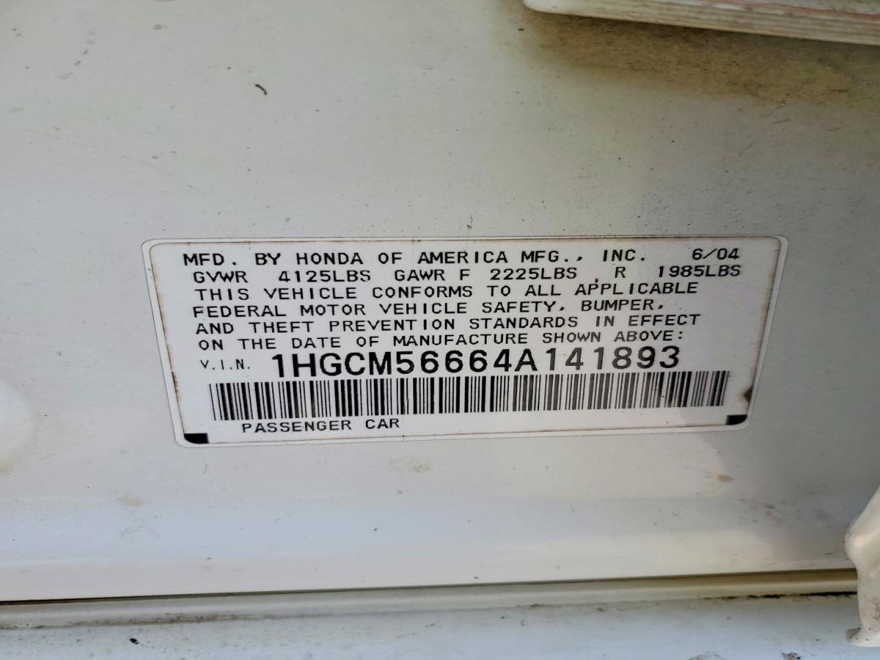 2004 Honda Accord Ex White vin: 1HGCM56664A141893
