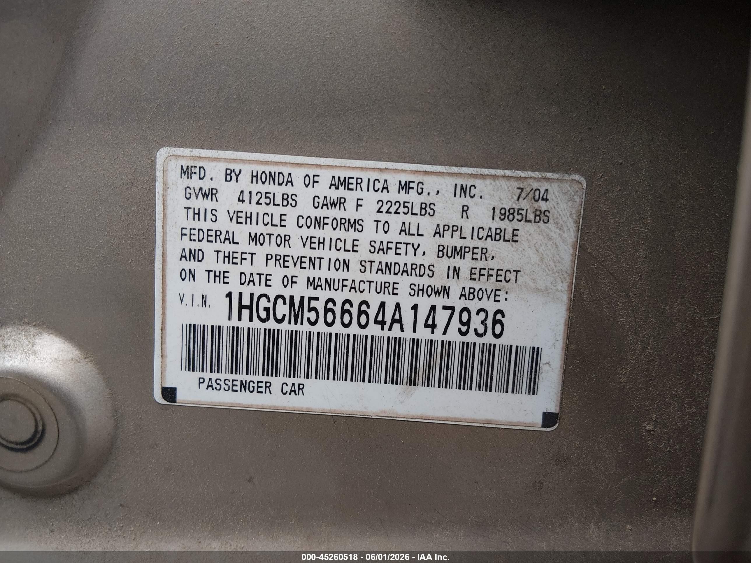 2004 Honda Accord 2.4 Ex Желто-коричневый vin: 1HGCM56664A147936