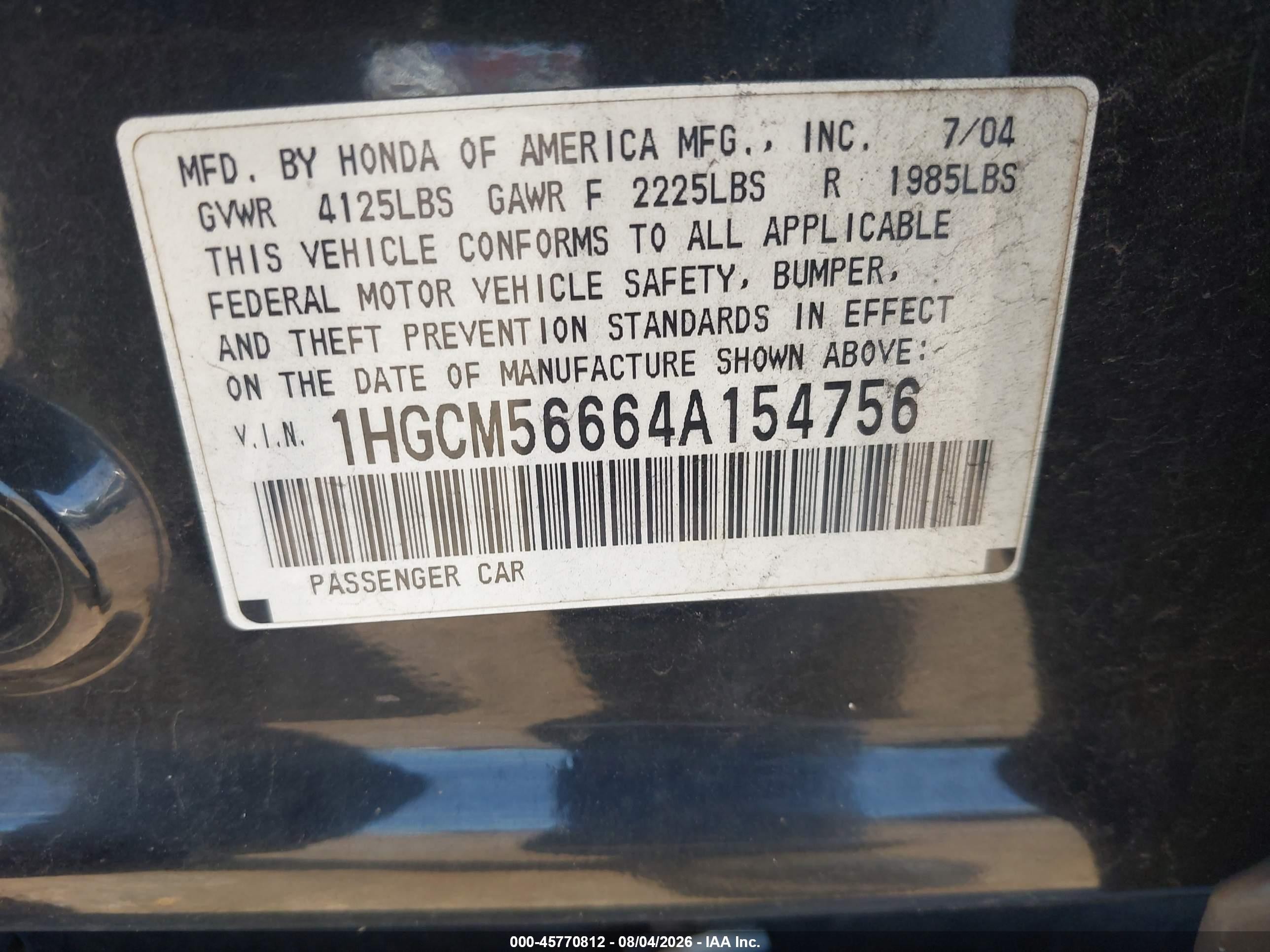 2004 Honda Accord 2.4 Ex Black vin: 1HGCM56664A154756