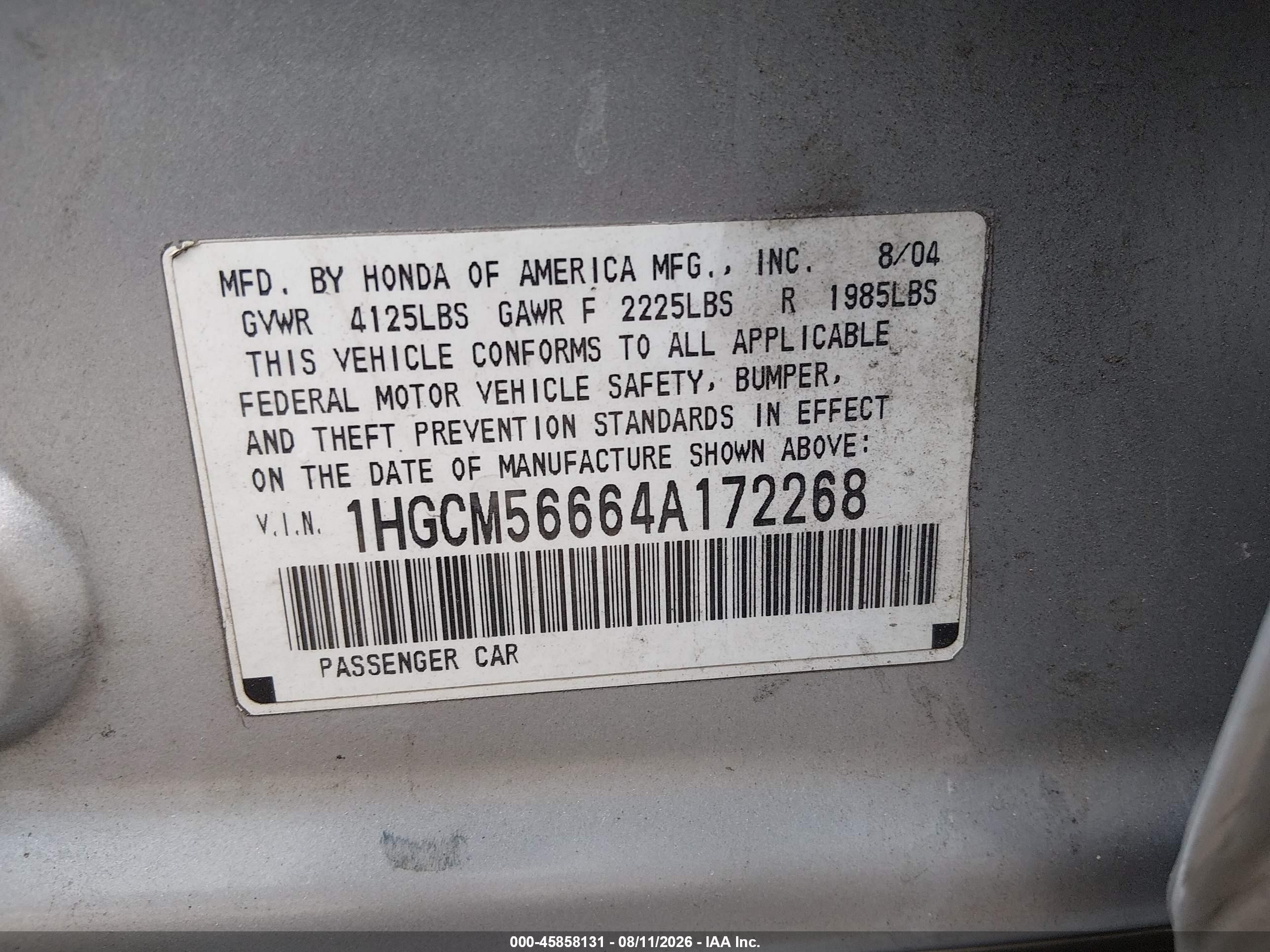 2004 Honda Accord 2.4 Ex Silver vin: 1HGCM56664A172268