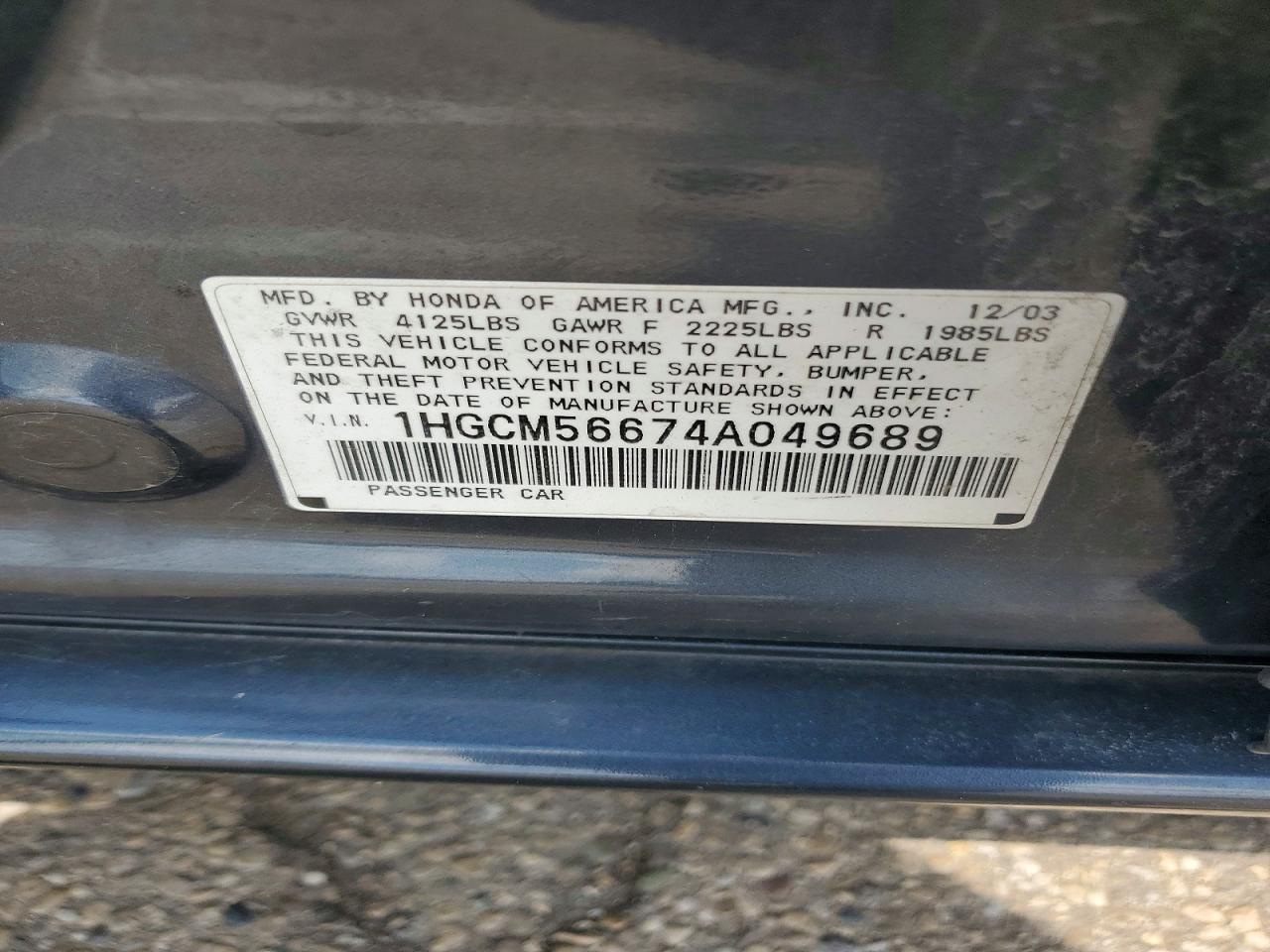 2004 Honda Accord Ex Charcoal vin: 1HGCM56674A049689