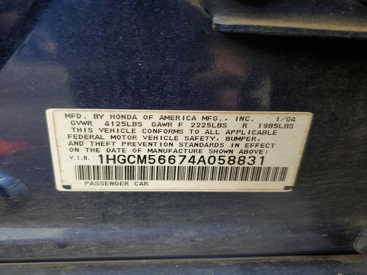 2004 Honda Accord Ex Blue vin: 1HGCM56674A058831