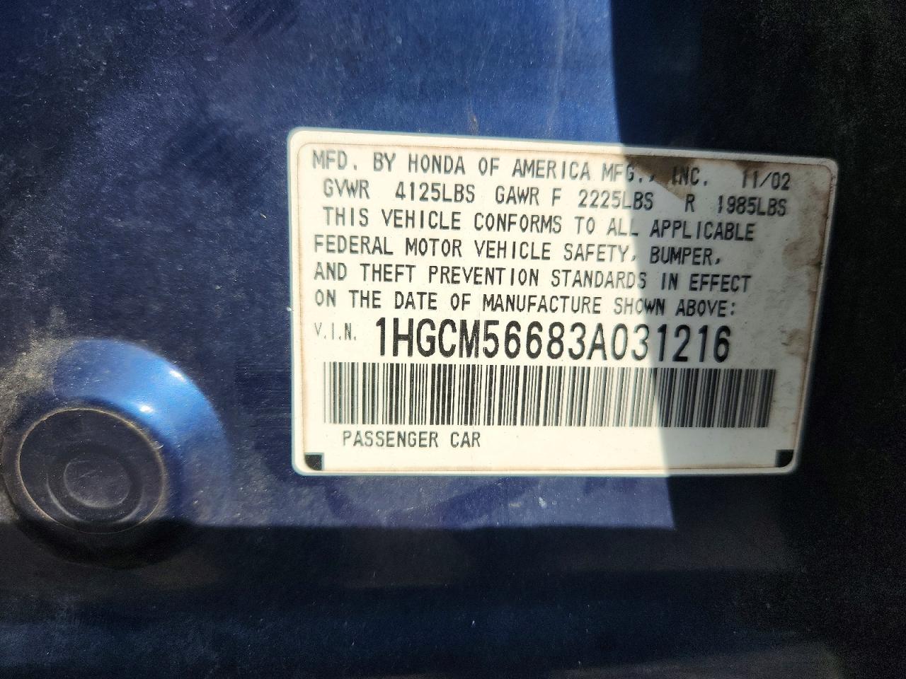 2003 Honda Accord Ex Blue vin: 1HGCM56683A031216