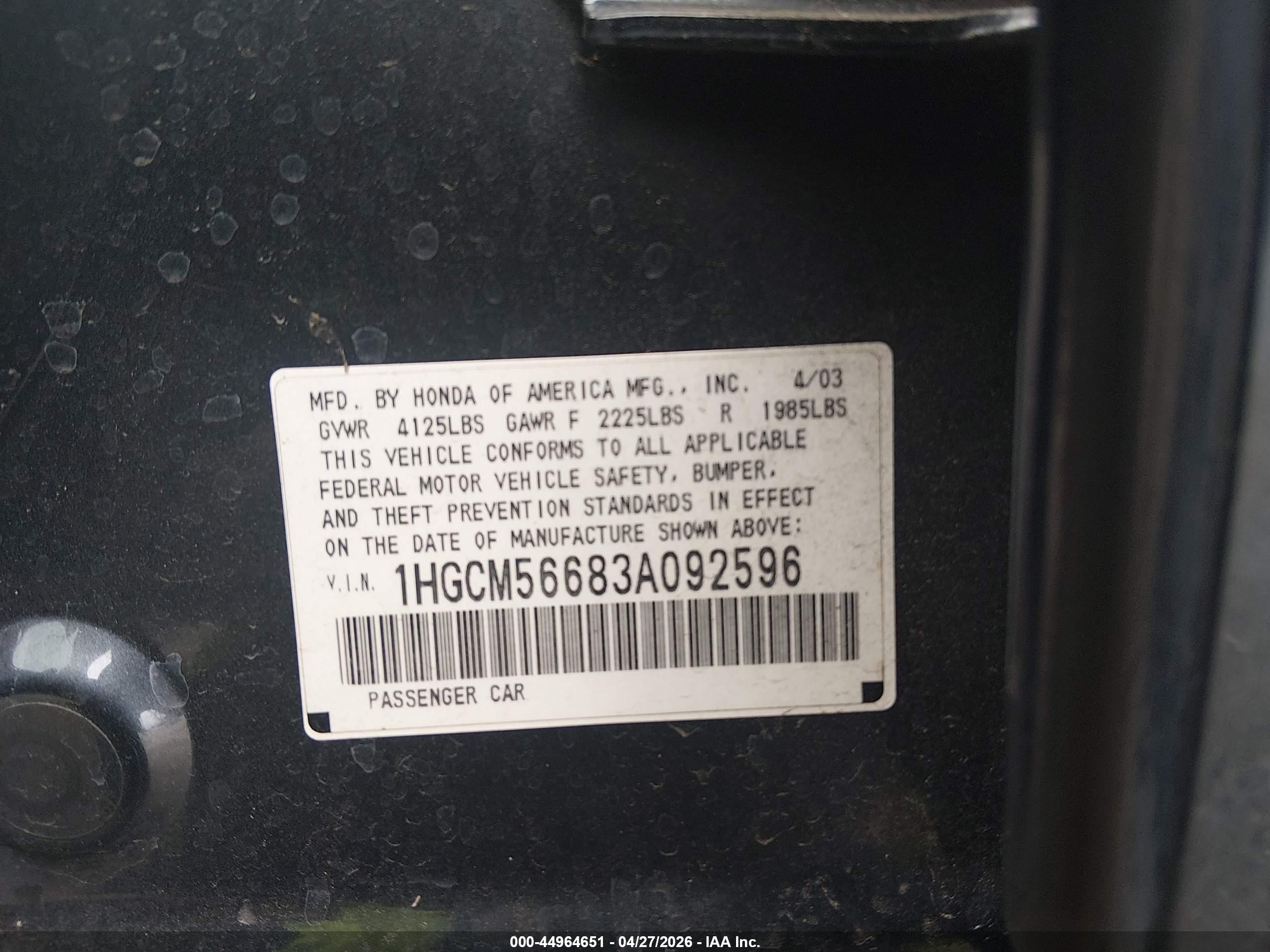 2003 Honda Accord 2.4 Ex Gray vin: 1HGCM56683A092596
