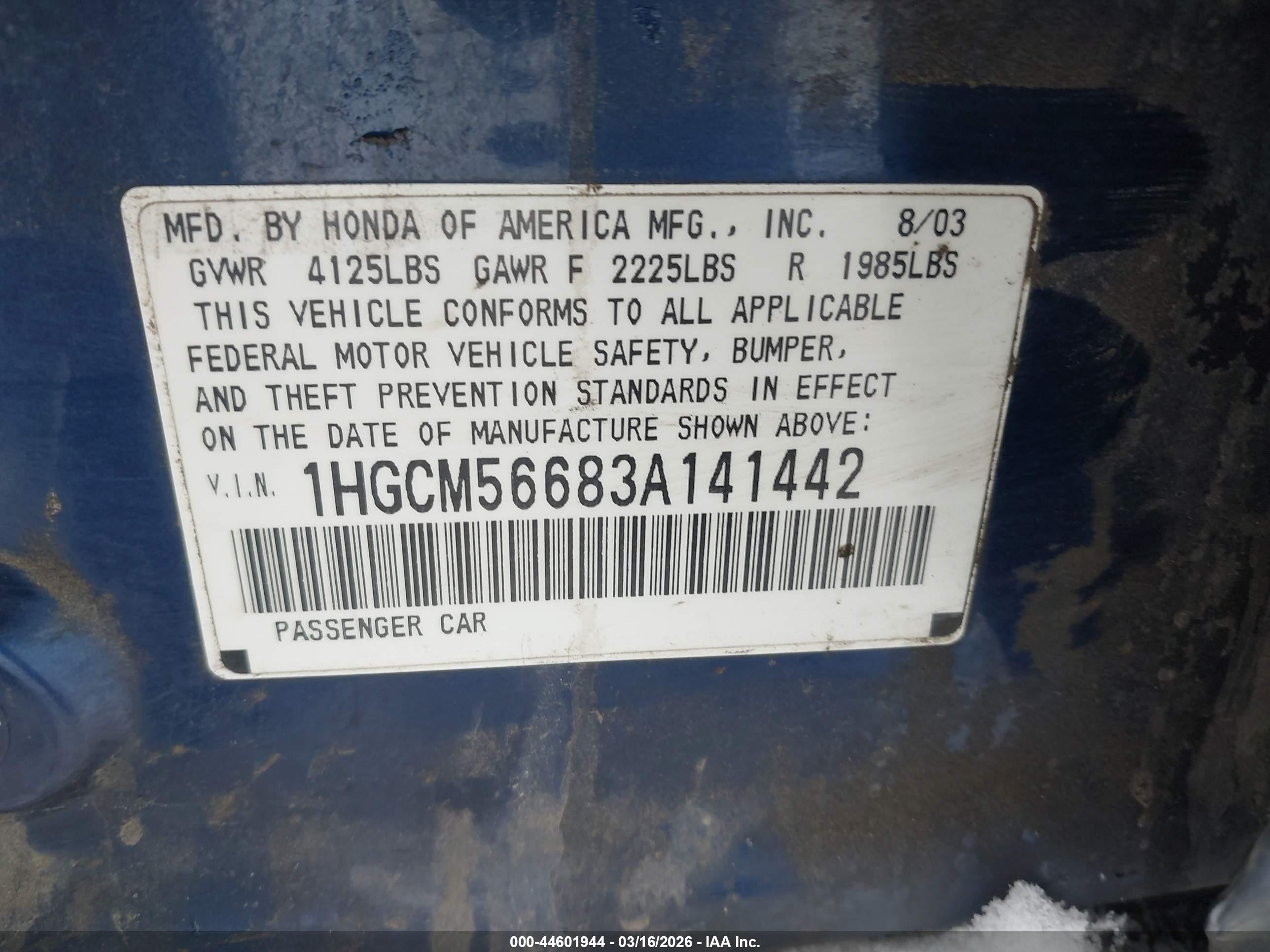 2003 Honda Accord 2.4 Ex Blue vin: 1HGCM56683A141442