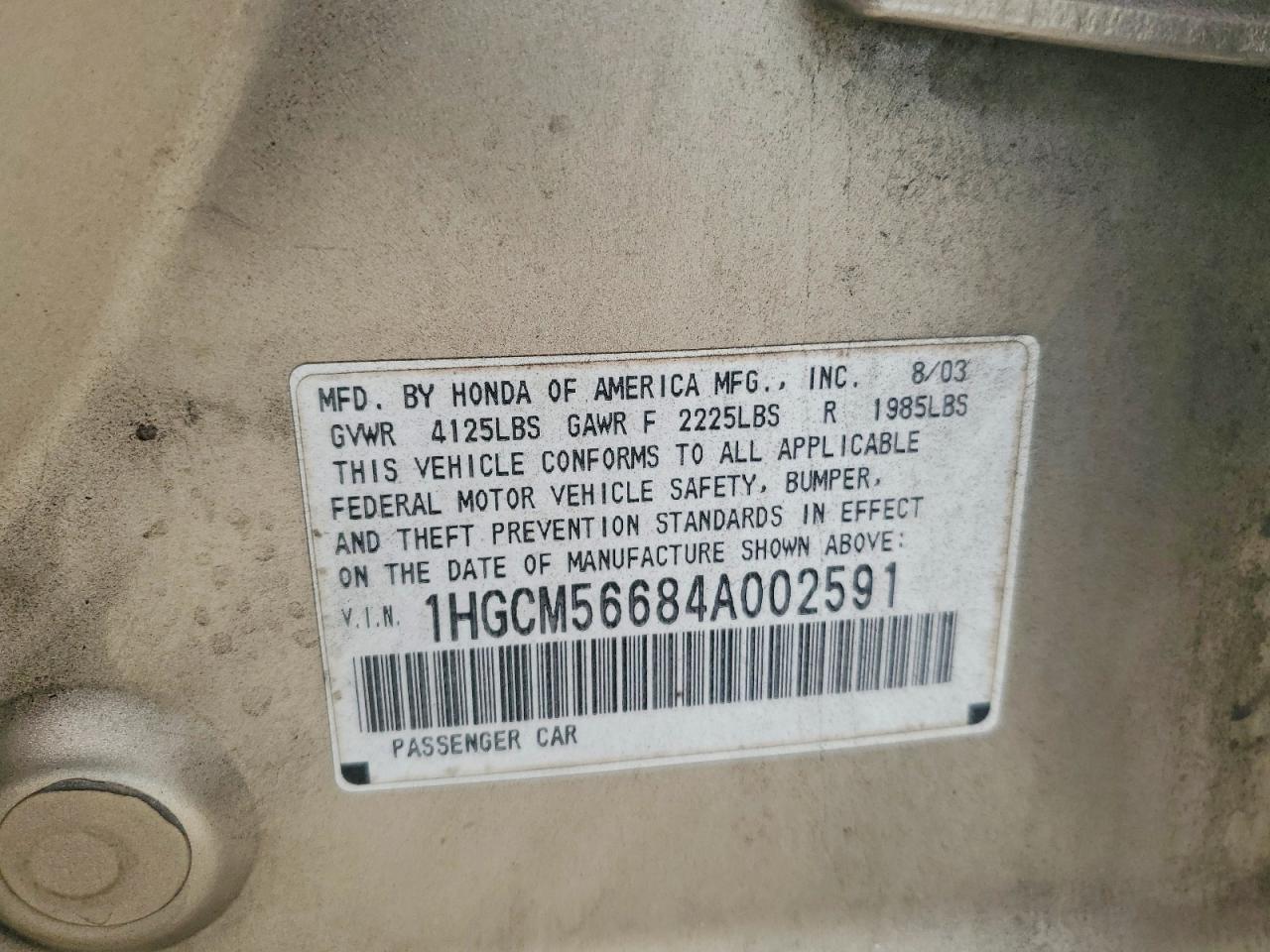 2004 Honda Accord Ex Gold vin: 1HGCM56684A002591