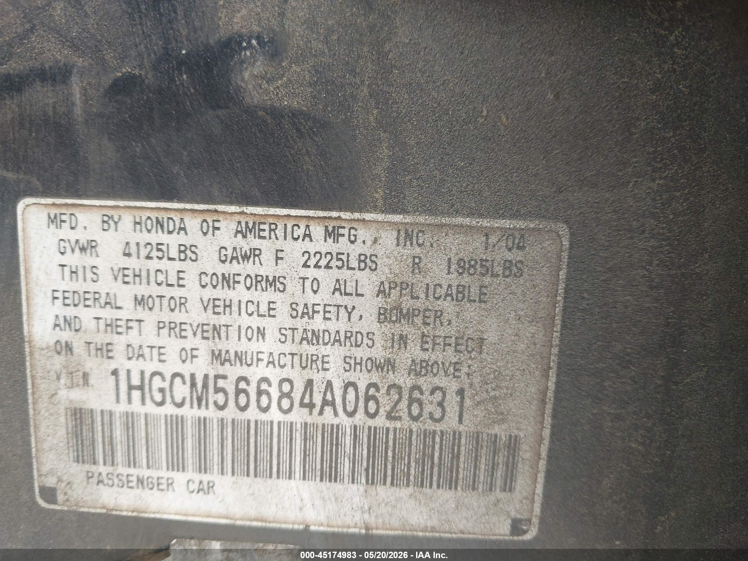 2004 Honda Accord 2.4 Ex Серый vin: 1HGCM56684A062631