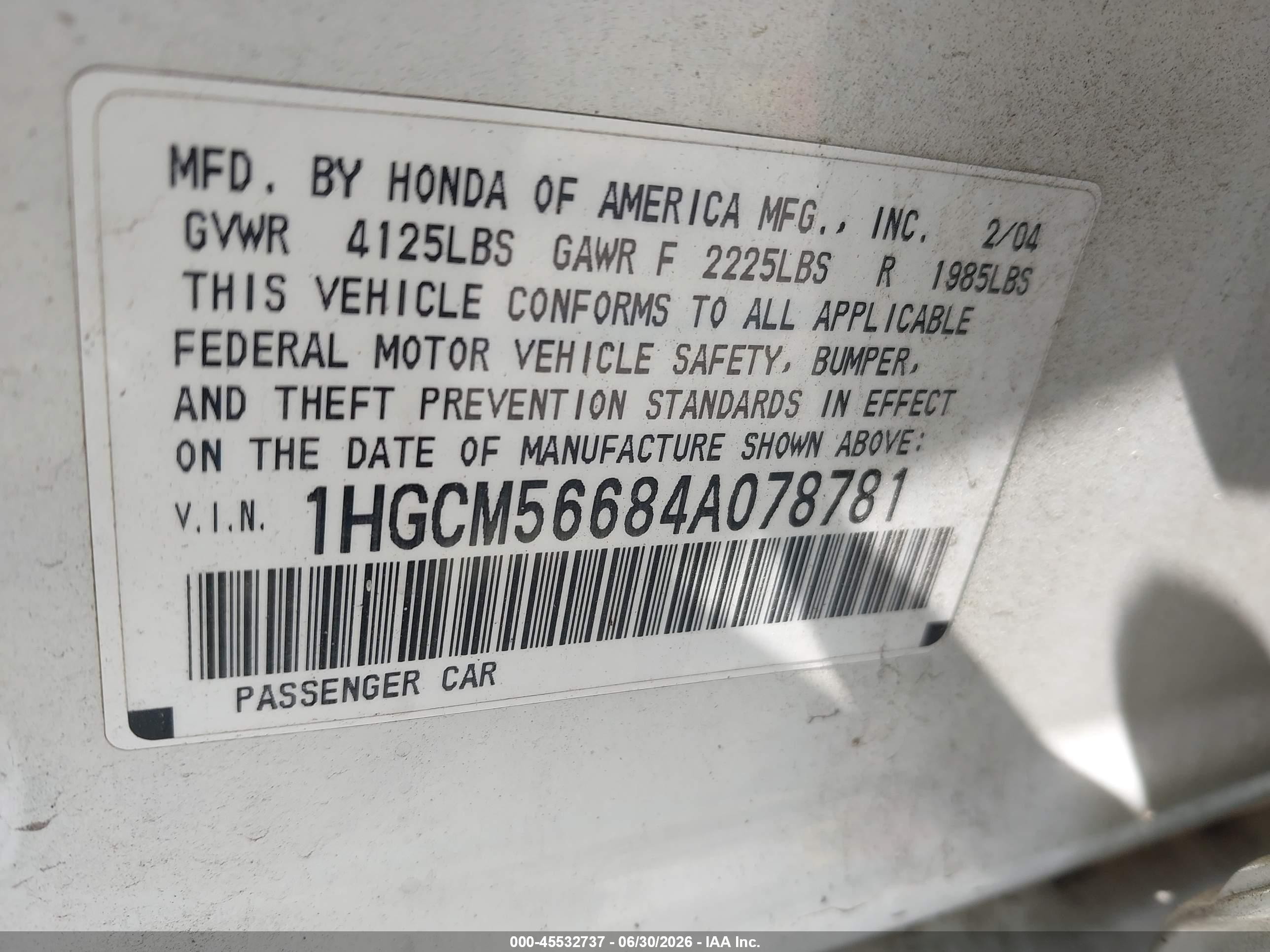 2004 Honda Accord 2.4 Ex White vin: 1HGCM56684A078781