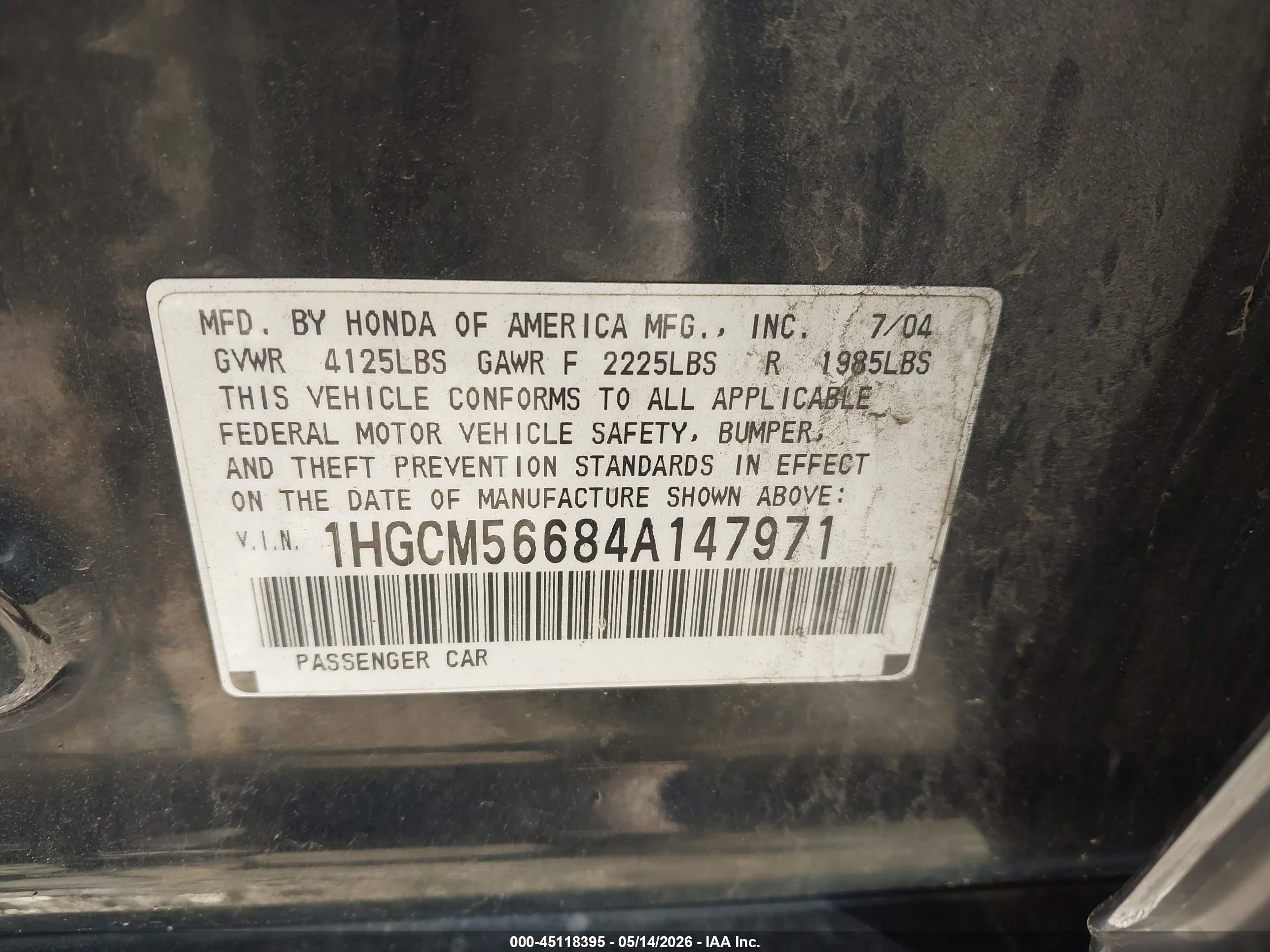 2004 Honda Accord 2.4 Ex Black vin: 1HGCM56684A147971