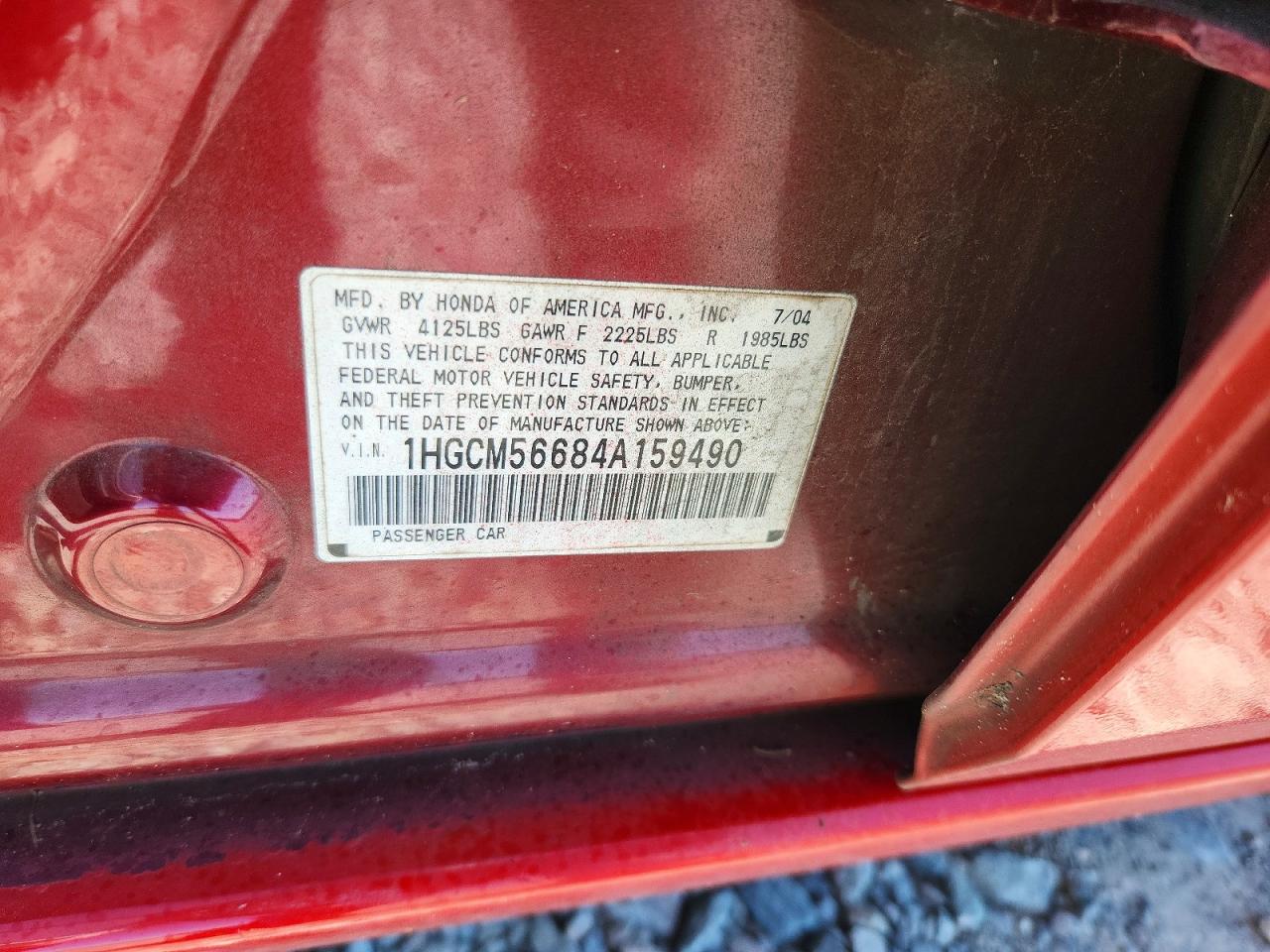 2004 Honda Accord Ex Red vin: 1HGCM56684A159490