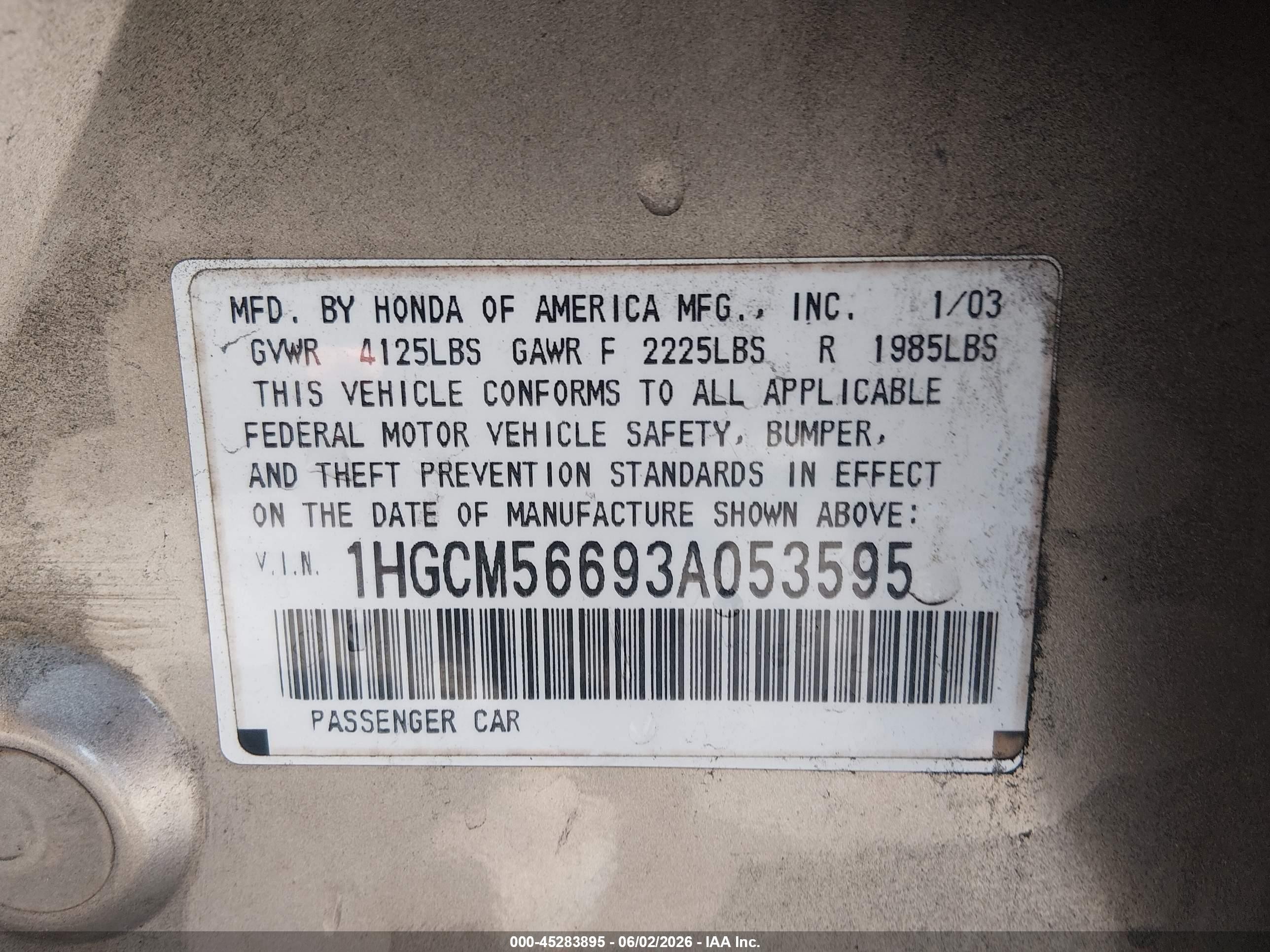 2003 Honda Accord 2.4 Ex Tan vin: 1HGCM56693A053595