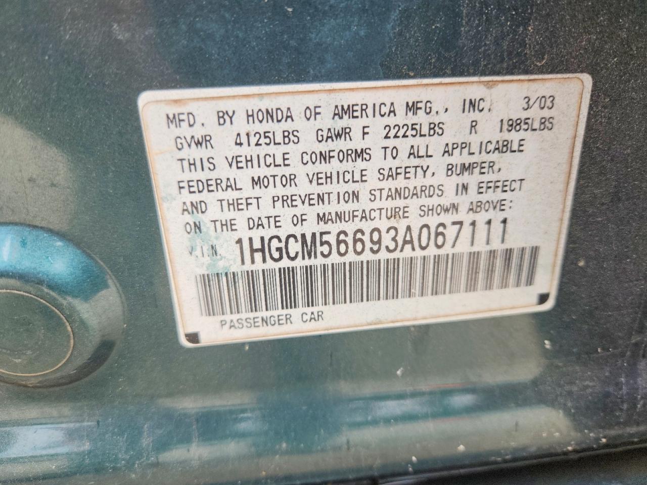 2003 Honda Accord Ex Teal vin: 1HGCM56693A067111