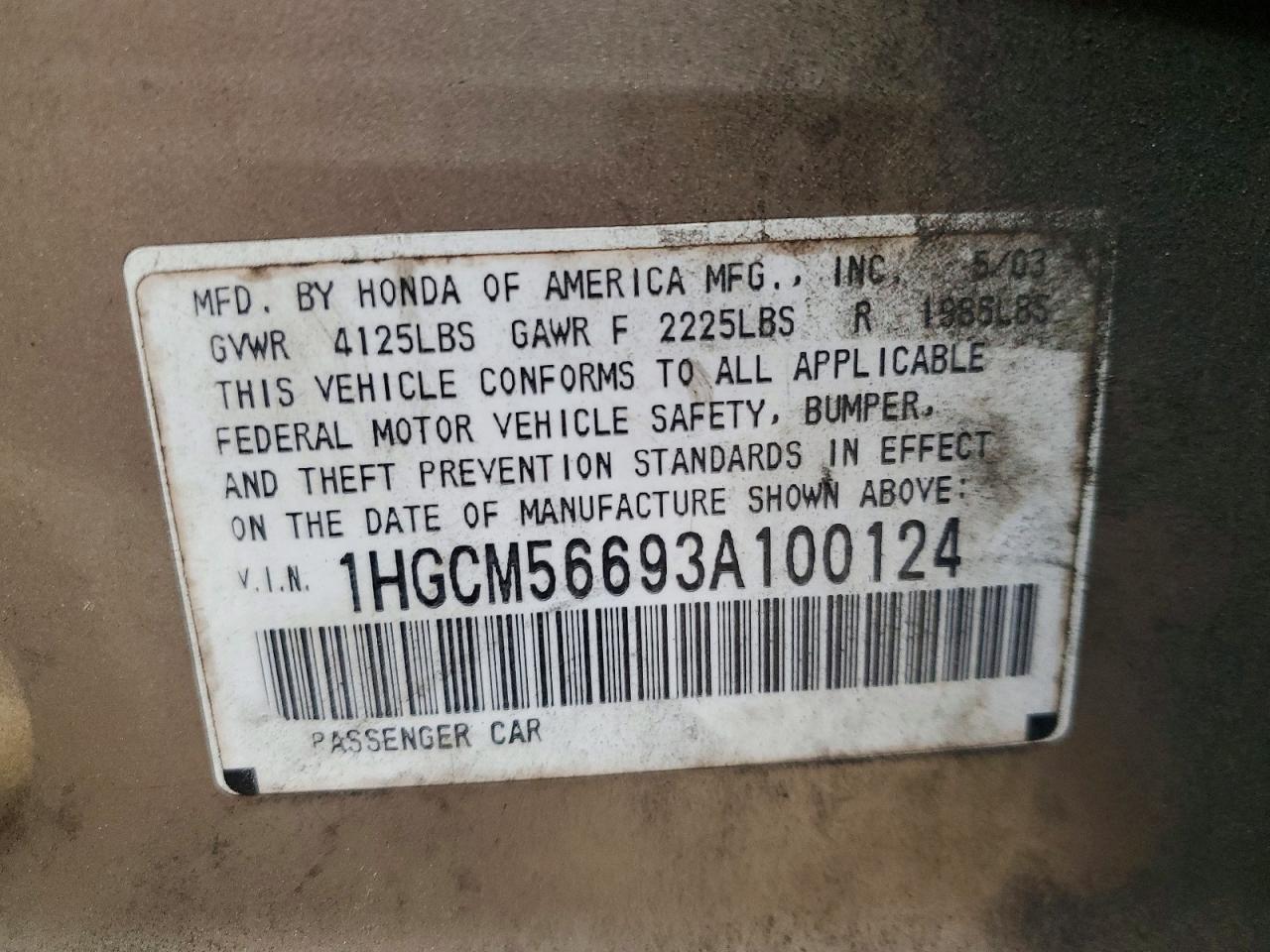 2003 Honda Accord Ex Gold vin: 1HGCM56693A100124