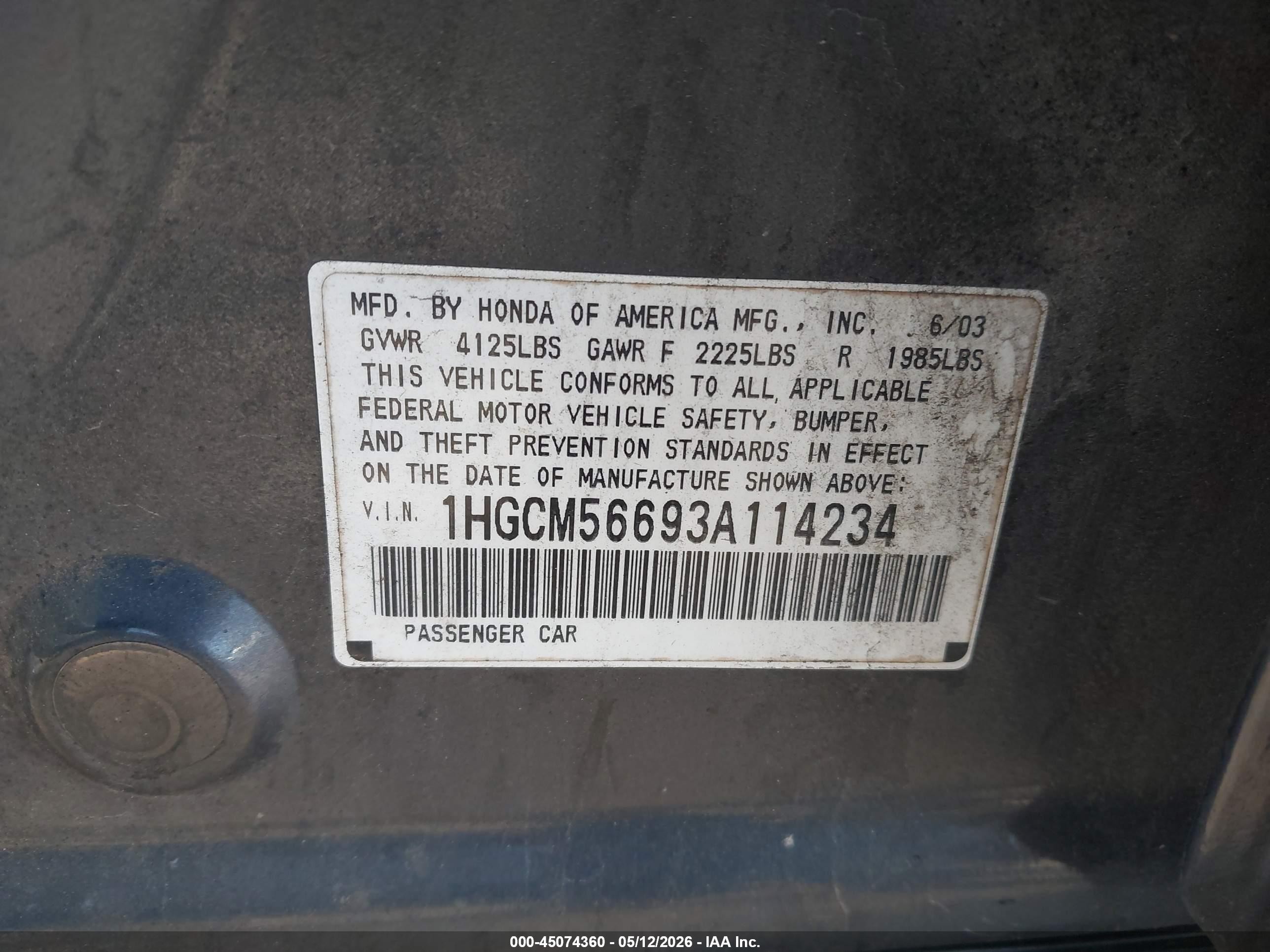 2003 Honda Accord 2.4 Ex Серый vin: 1HGCM56693A114234