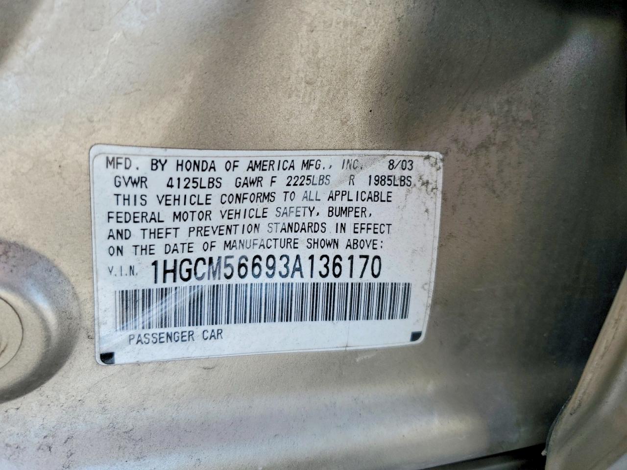 2003 Honda Accord Ex Gold vin: 1HGCM56693A136170
