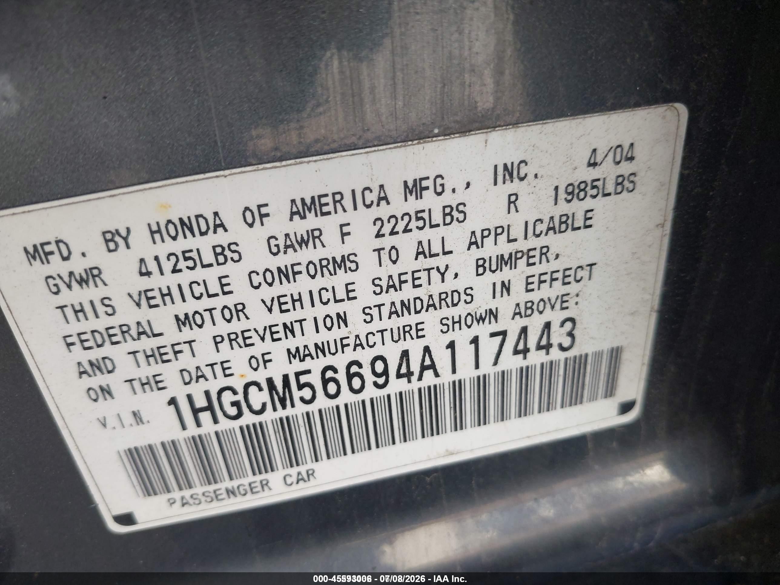 2004 Honda Accord 2.4 Ex Gray vin: 1HGCM56694A117443