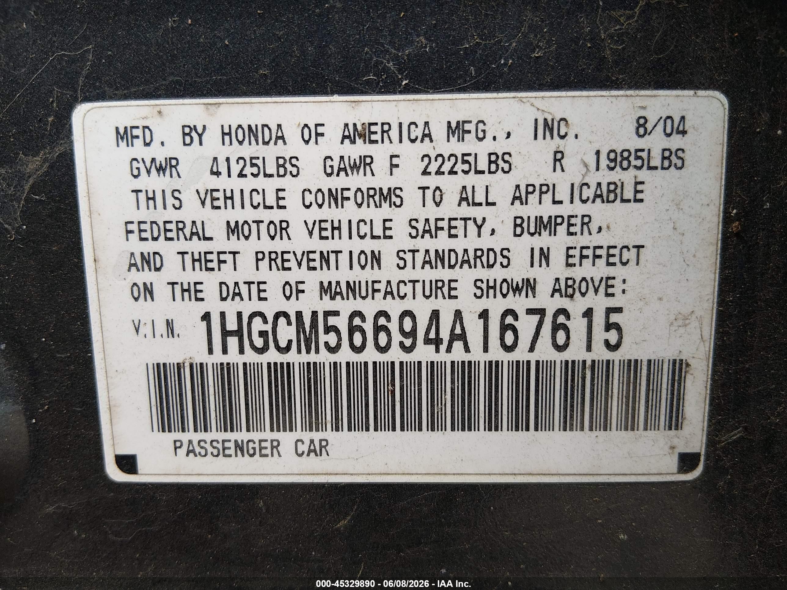 2004 Honda Accord 2.4 Ex Gray vin: 1HGCM56694A167615