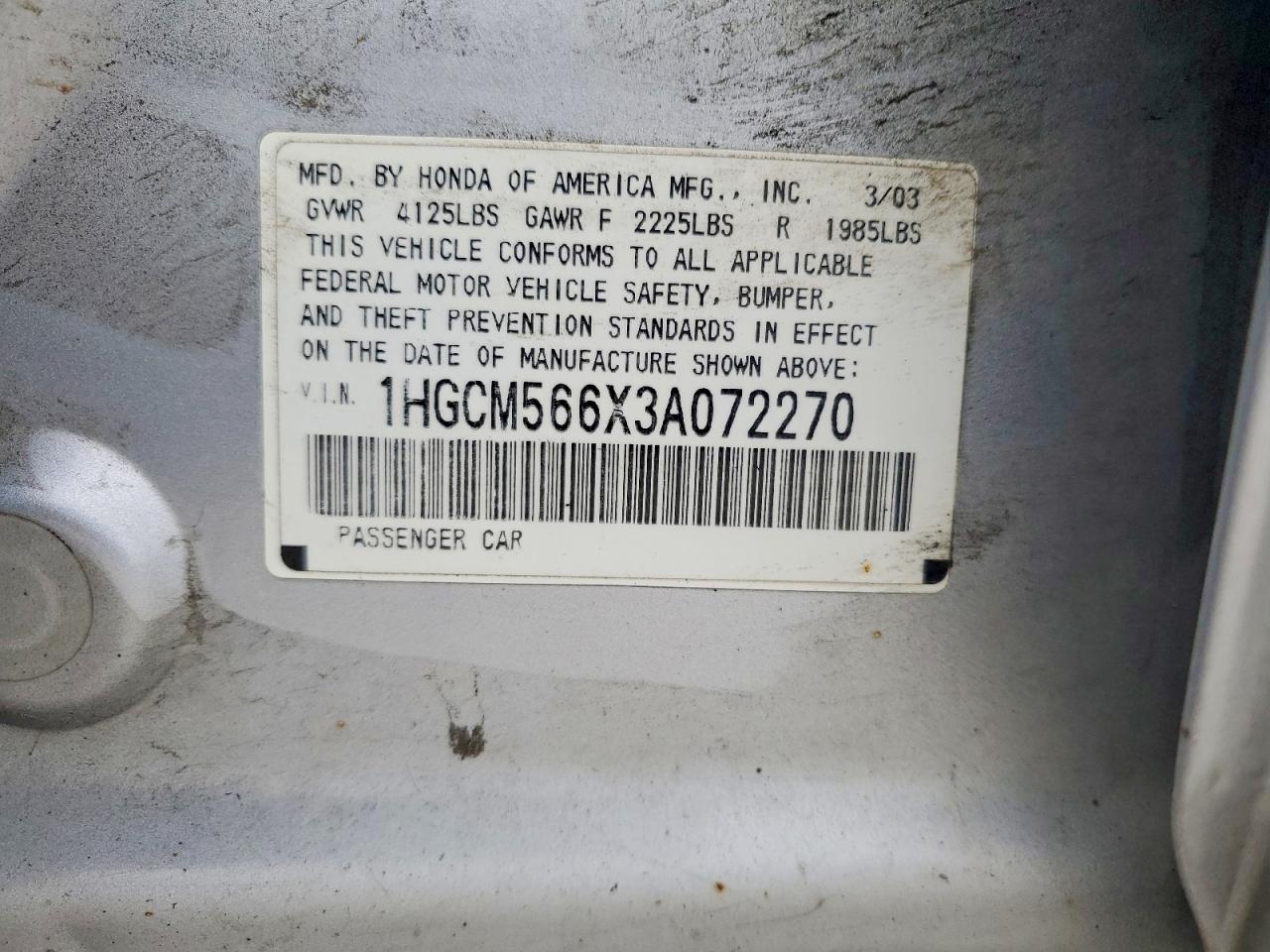2003 Honda Accord Ex Серебряный vin: 1HGCM566X3A072270