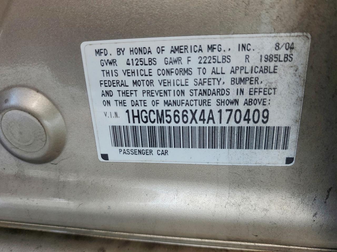 2004 Honda Accord Ex Tan vin: 1HGCM566X4A170409
