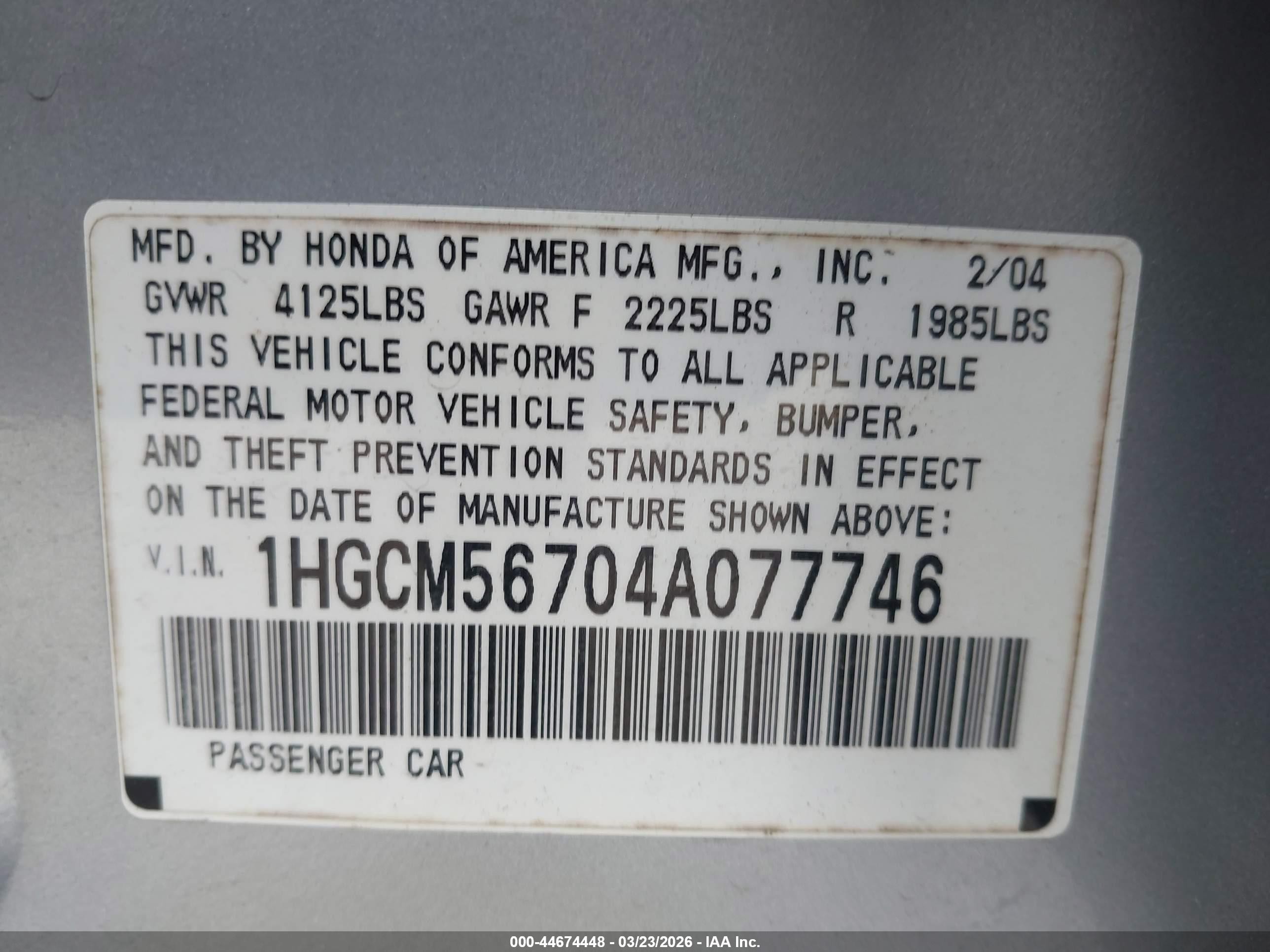 2004 Honda Accord 2.4 Ex Gray vin: 1HGCM56704A077746