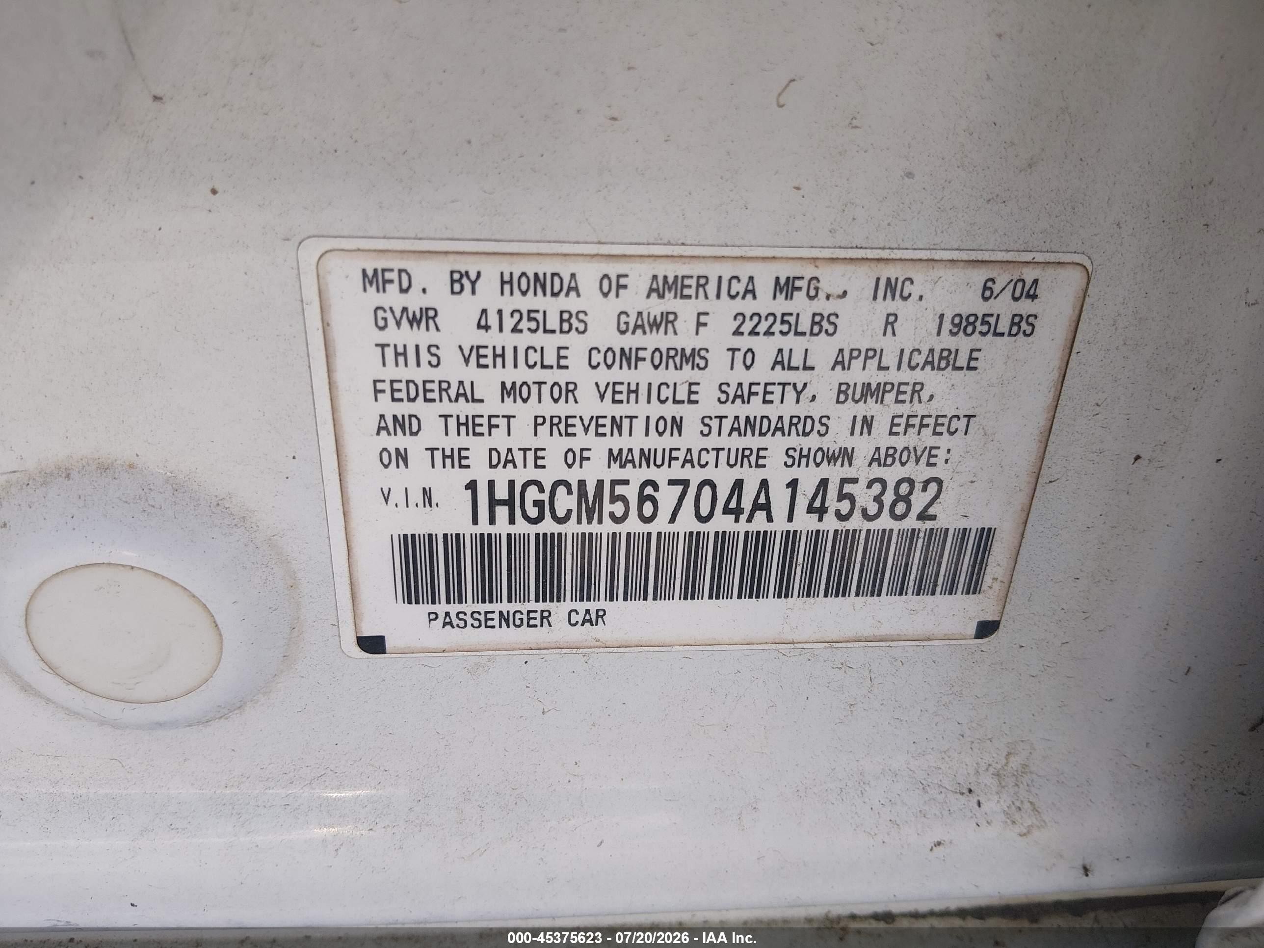 2004 Honda Accord 2.4 Ex White vin: 1HGCM56704A145382