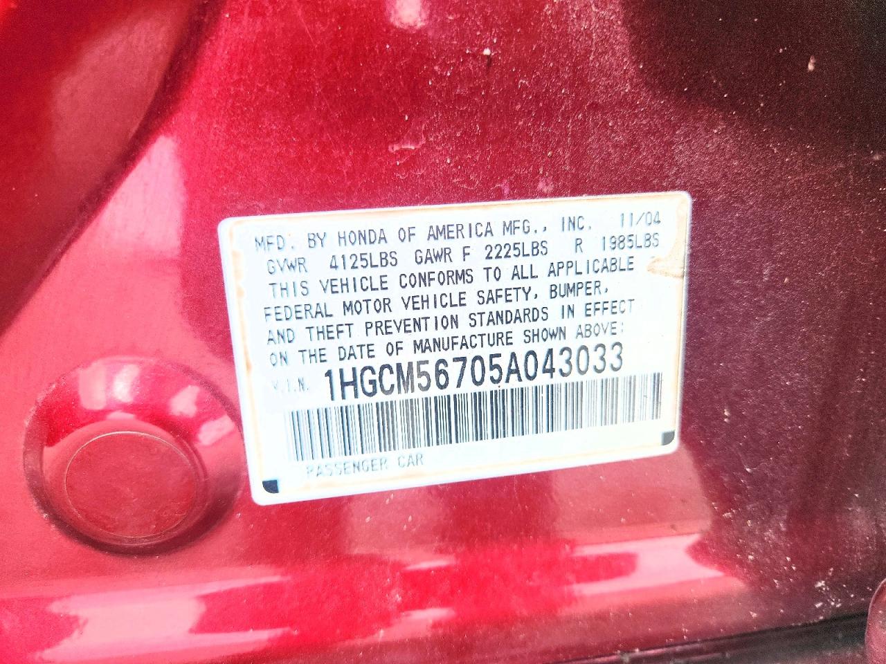 2005 Honda Accord Ex Maroon vin: 1HGCM56705A043033