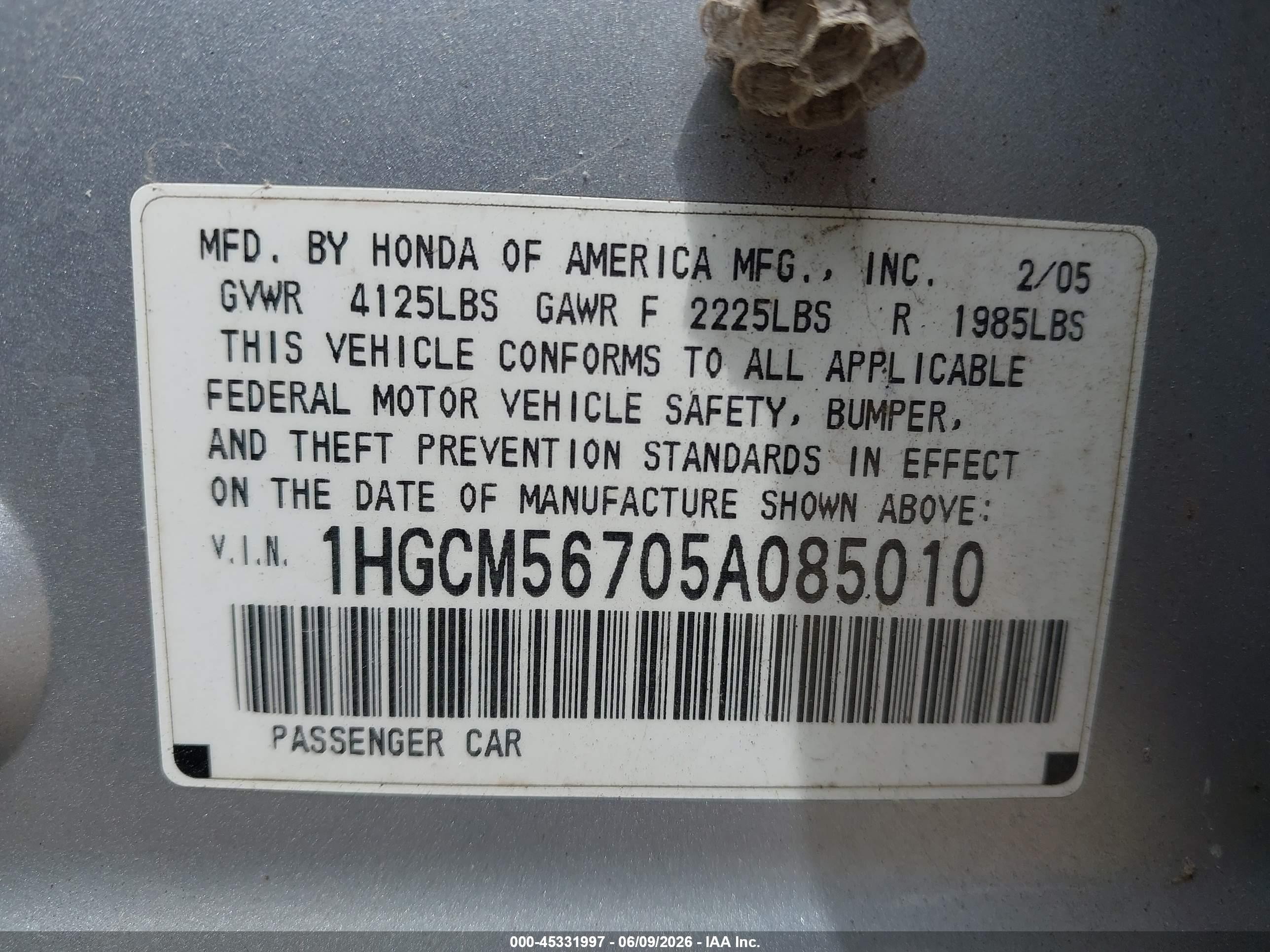 2005 Honda Accord 2.4 Ex Серебряный vin: 1HGCM56705A085010