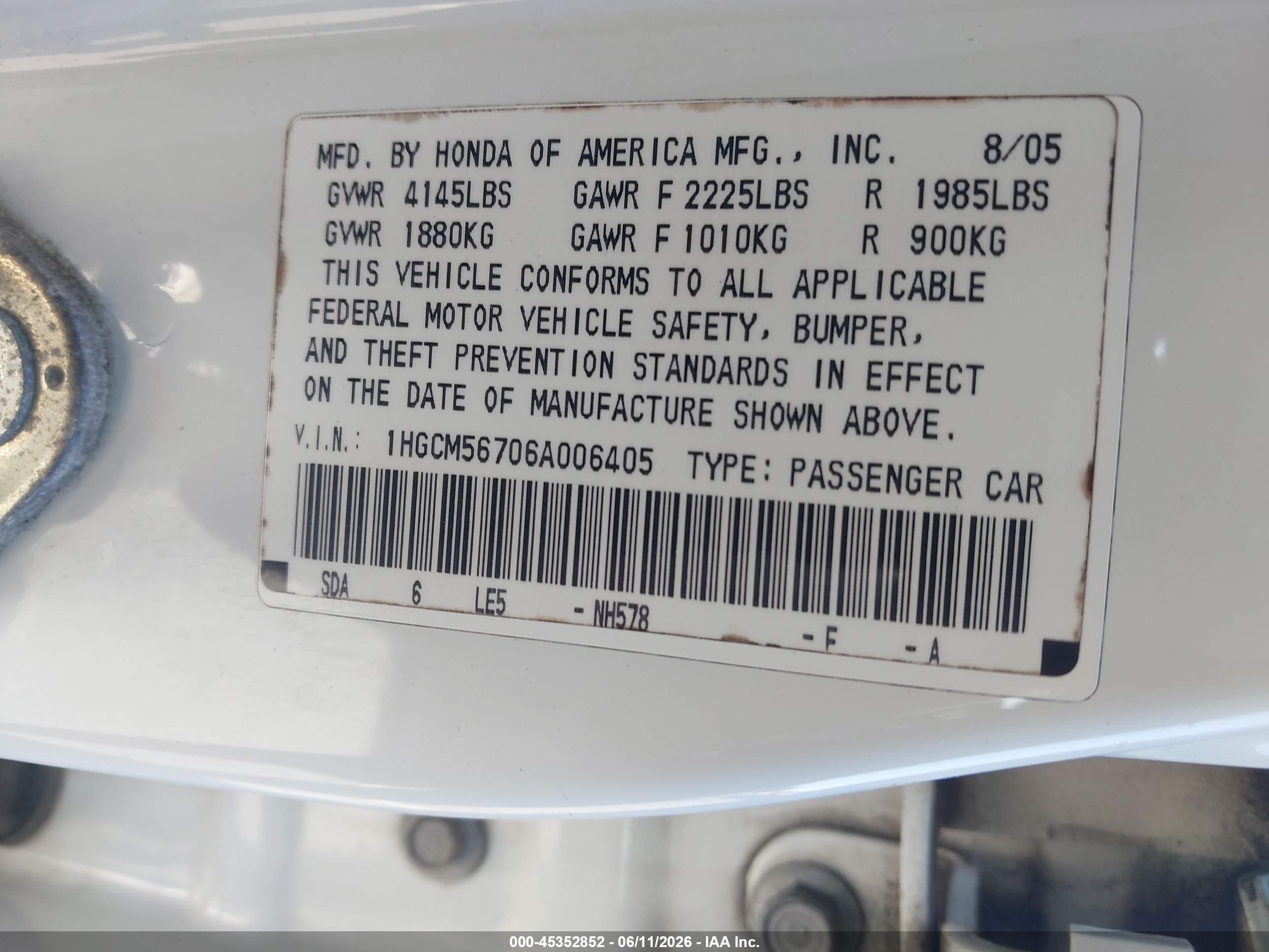 2006 Honda Accord 2.4 Ex White vin: 1HGCM56706A006405