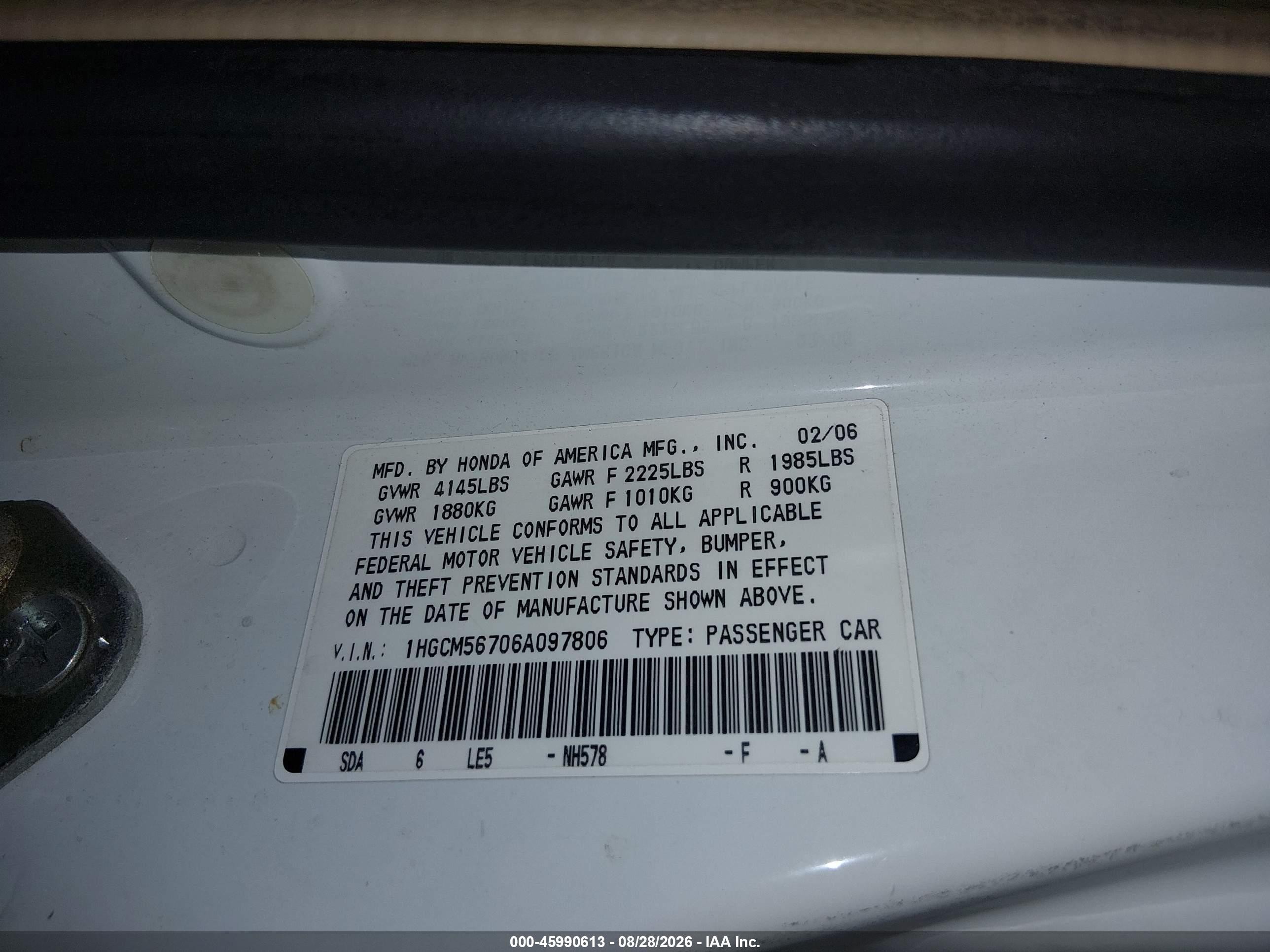 2006 Honda Accord 2.4 Ex White vin: 1HGCM56706A097806