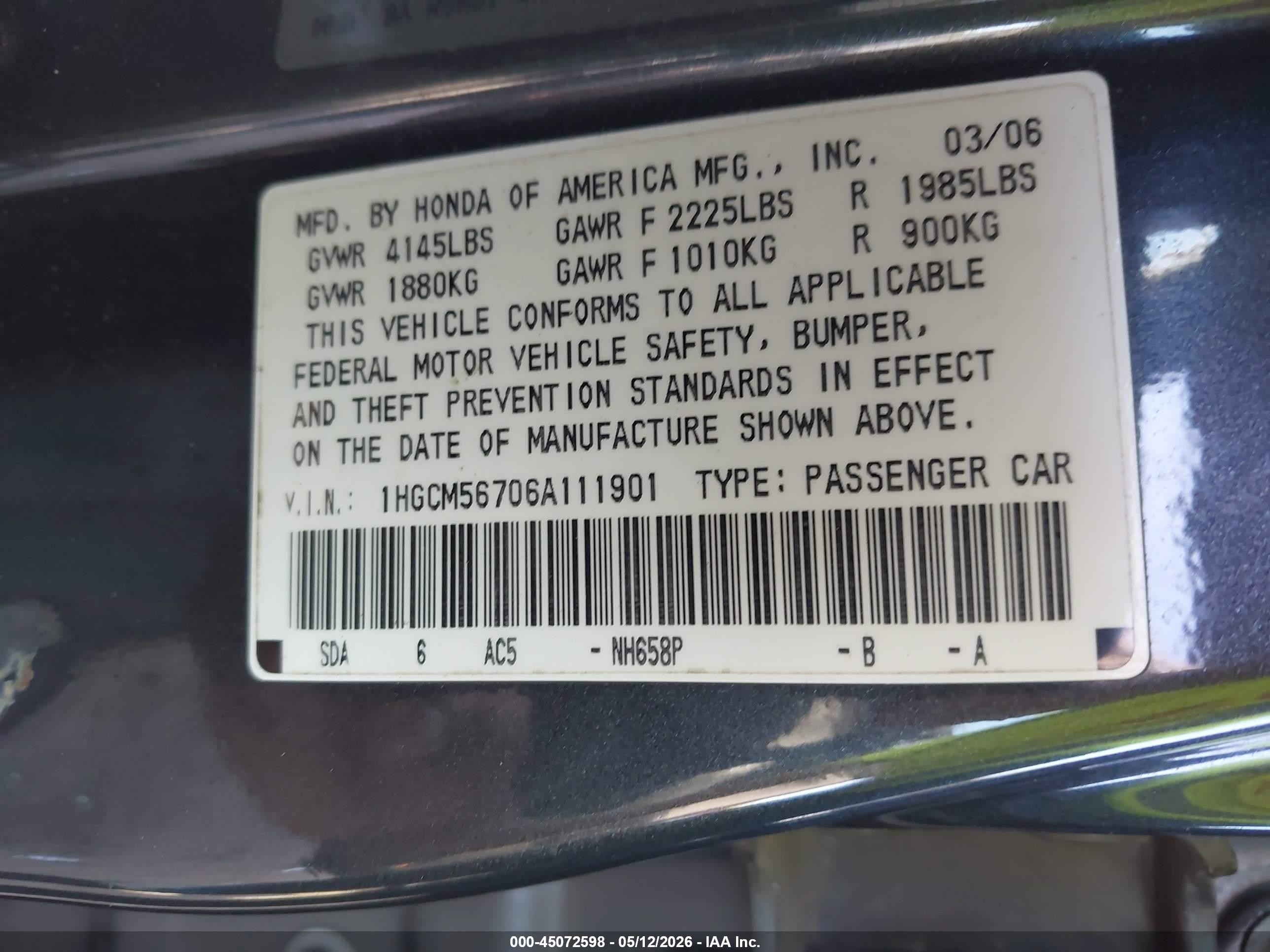 2006 Honda Accord 2.4 Ex Gray vin: 1HGCM56706A111901