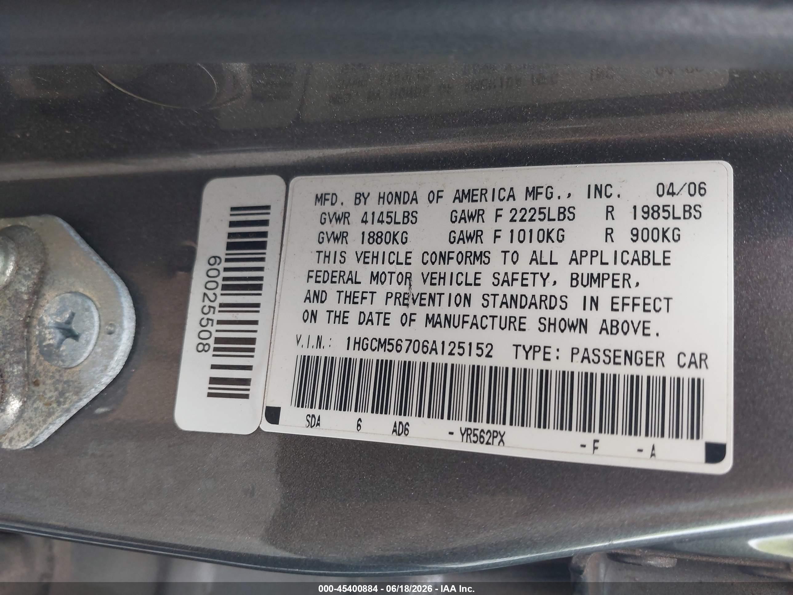 2006 Honda Accord 2.4 Ex Серый vin: 1HGCM56706A125152
