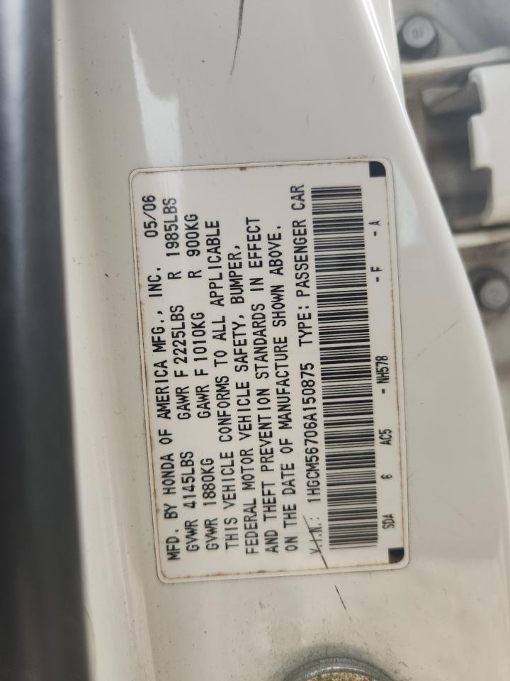2006 Honda Accord Ex White vin: 1HGCM56706A150875