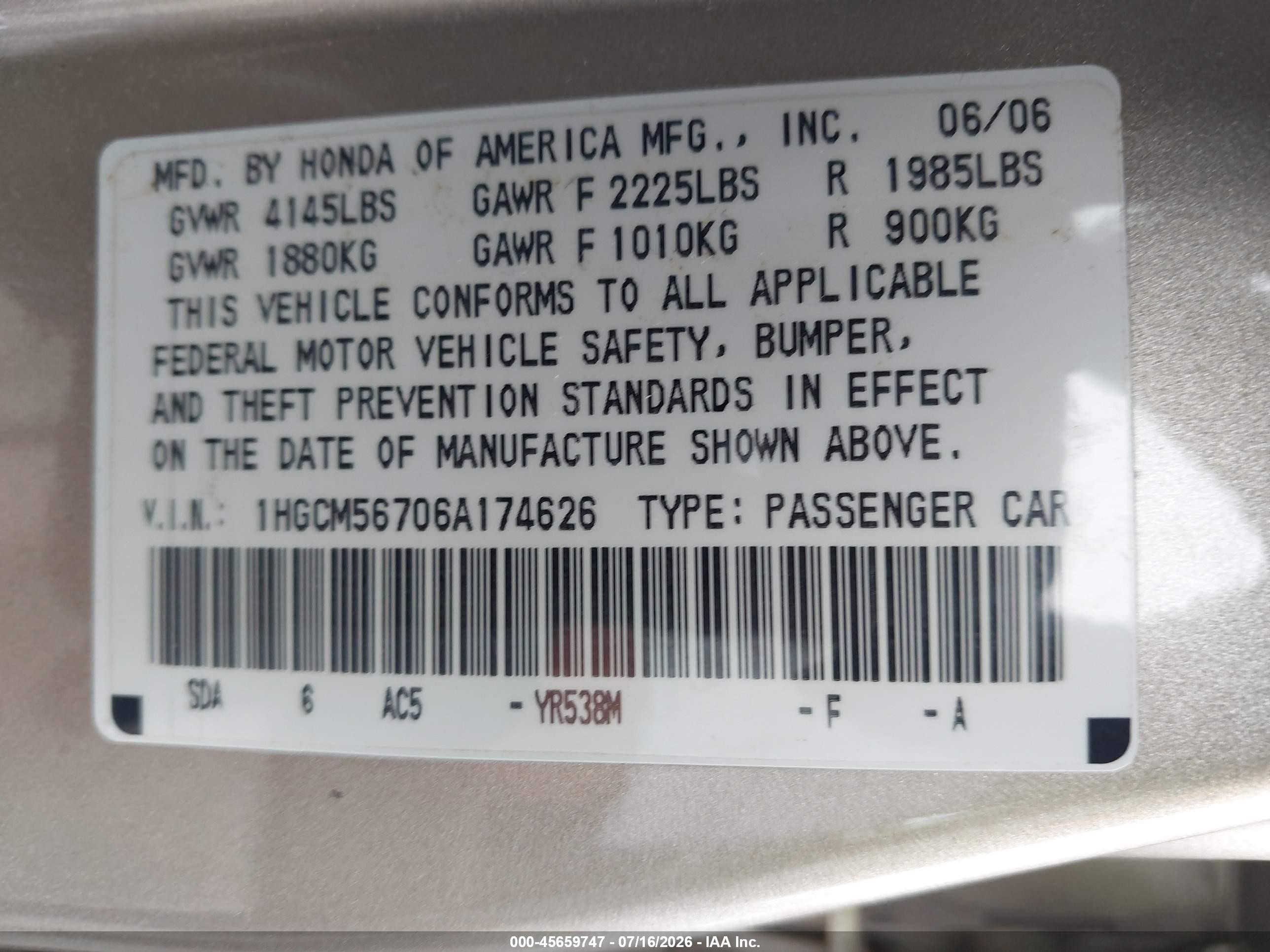2006 Honda Accord 2.4 Ex Gold vin: 1HGCM56706A174626