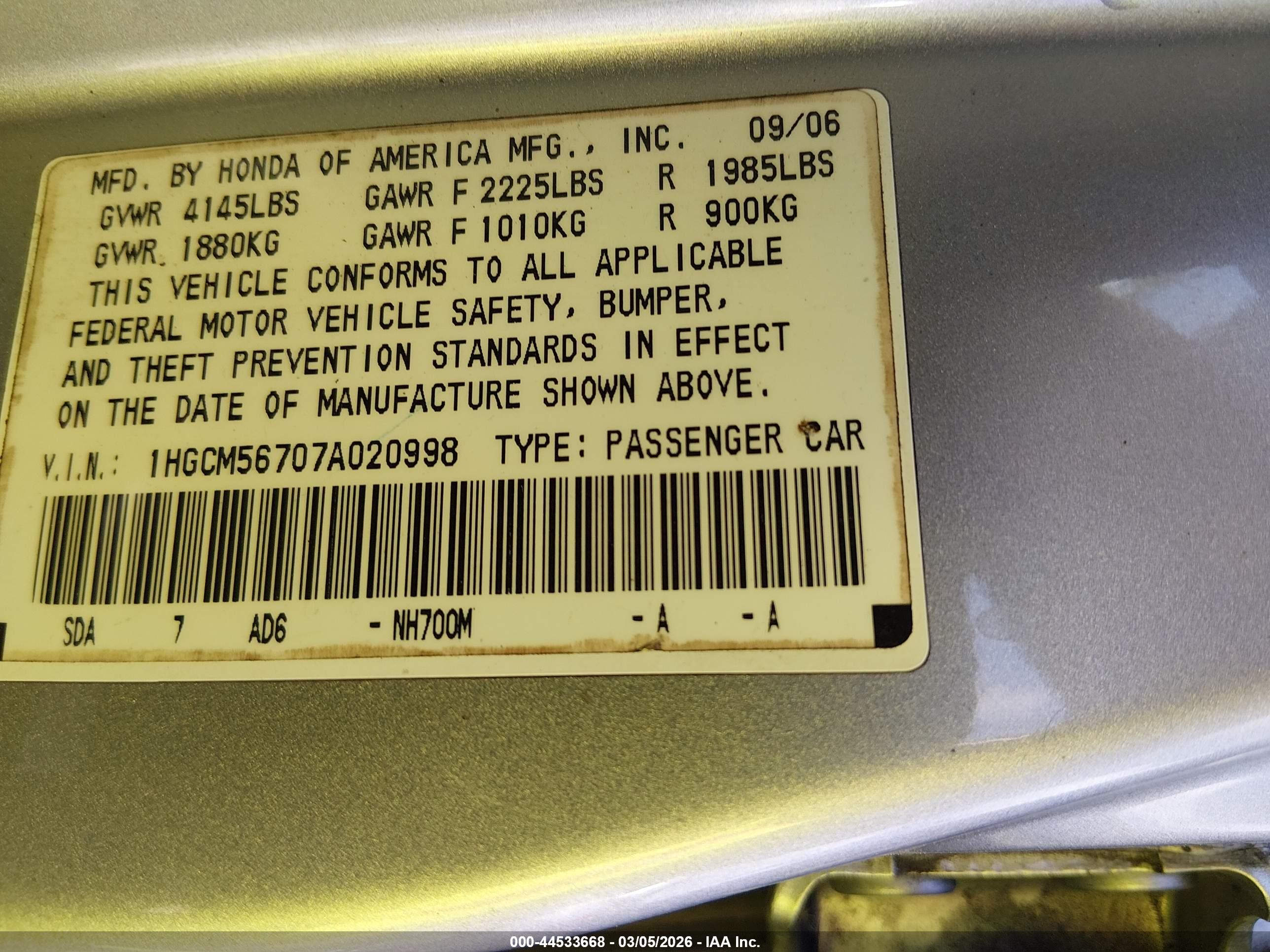 2007 Honda Accord 2.4 Ex Silver vin: 1HGCM56707A020998