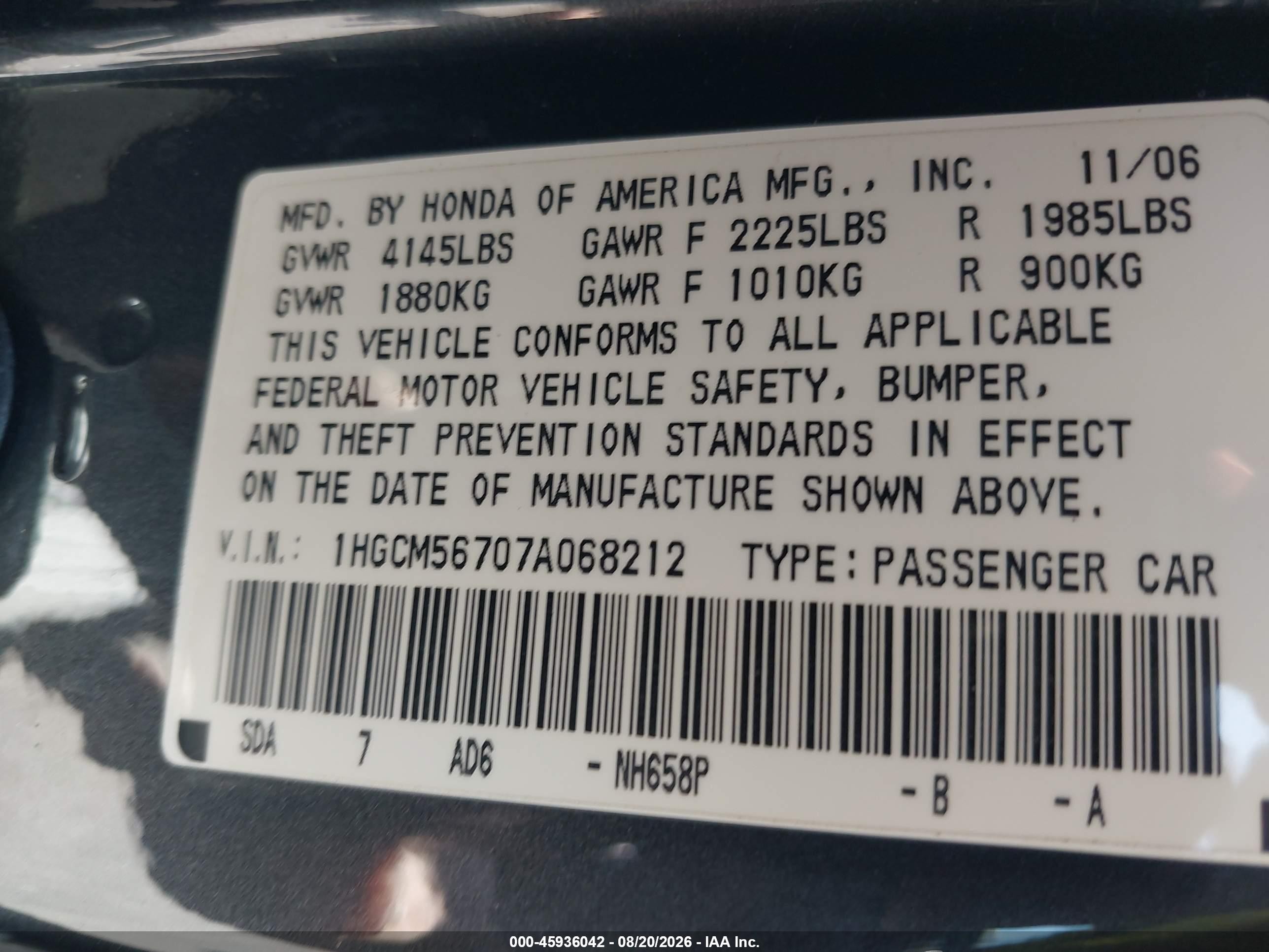 2007 Honda Accord 2.4 Ex Gray vin: 1HGCM56707A068212