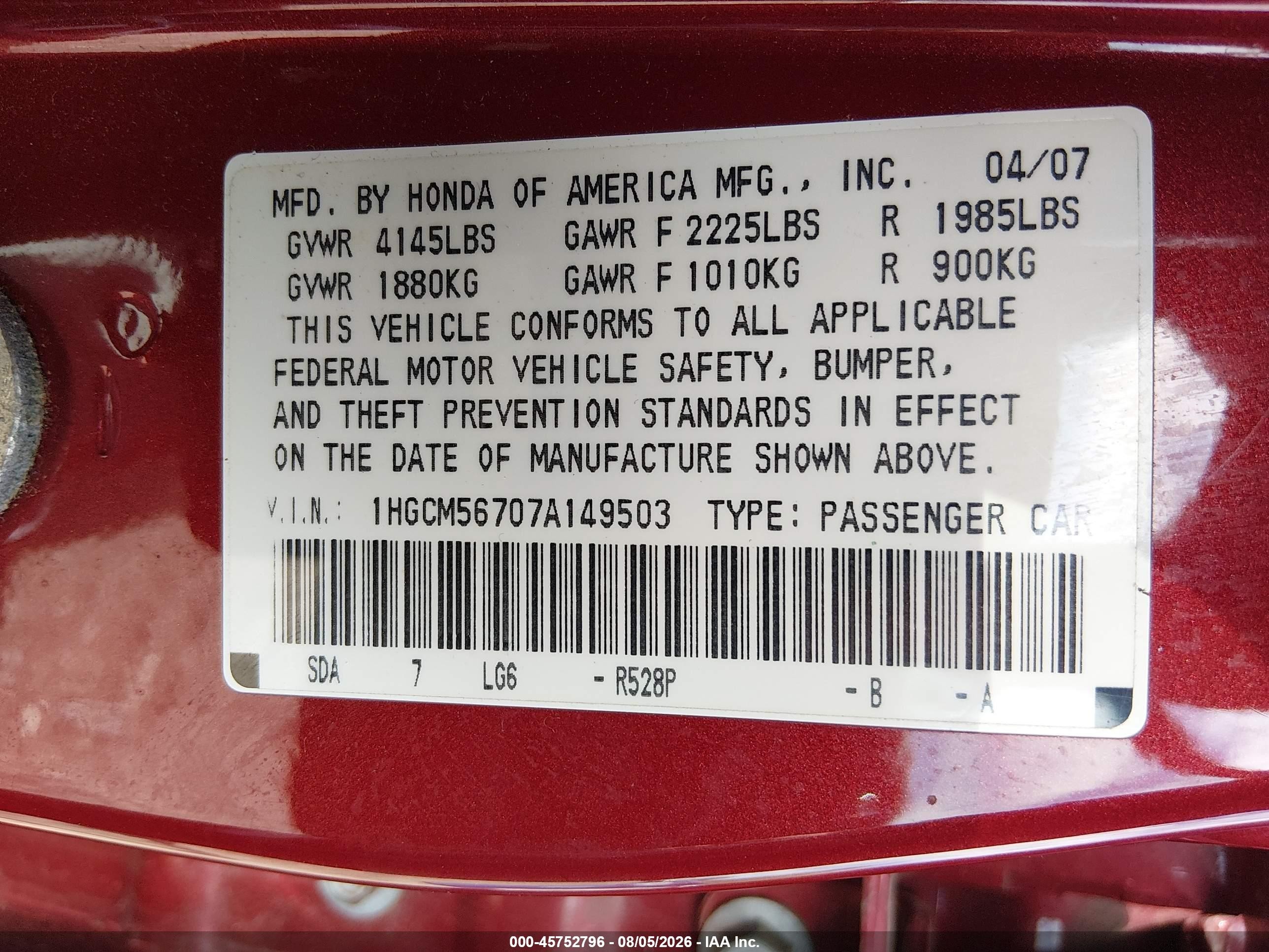 2007 Honda Accord 2.4 Ex Burgundy vin: 1HGCM56707A149503